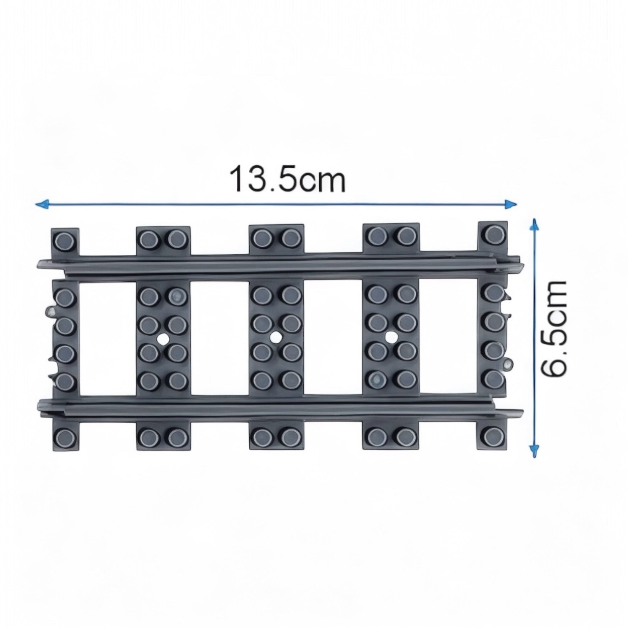 Dimensions diagram showing straight train track piece from General Jim’s building block set