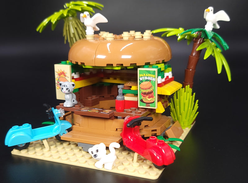 Paradise Burger Modular Building Blocks Set | Intricate and Colorful Burger in Paradise Brick Building Experience | General Jim's Toys