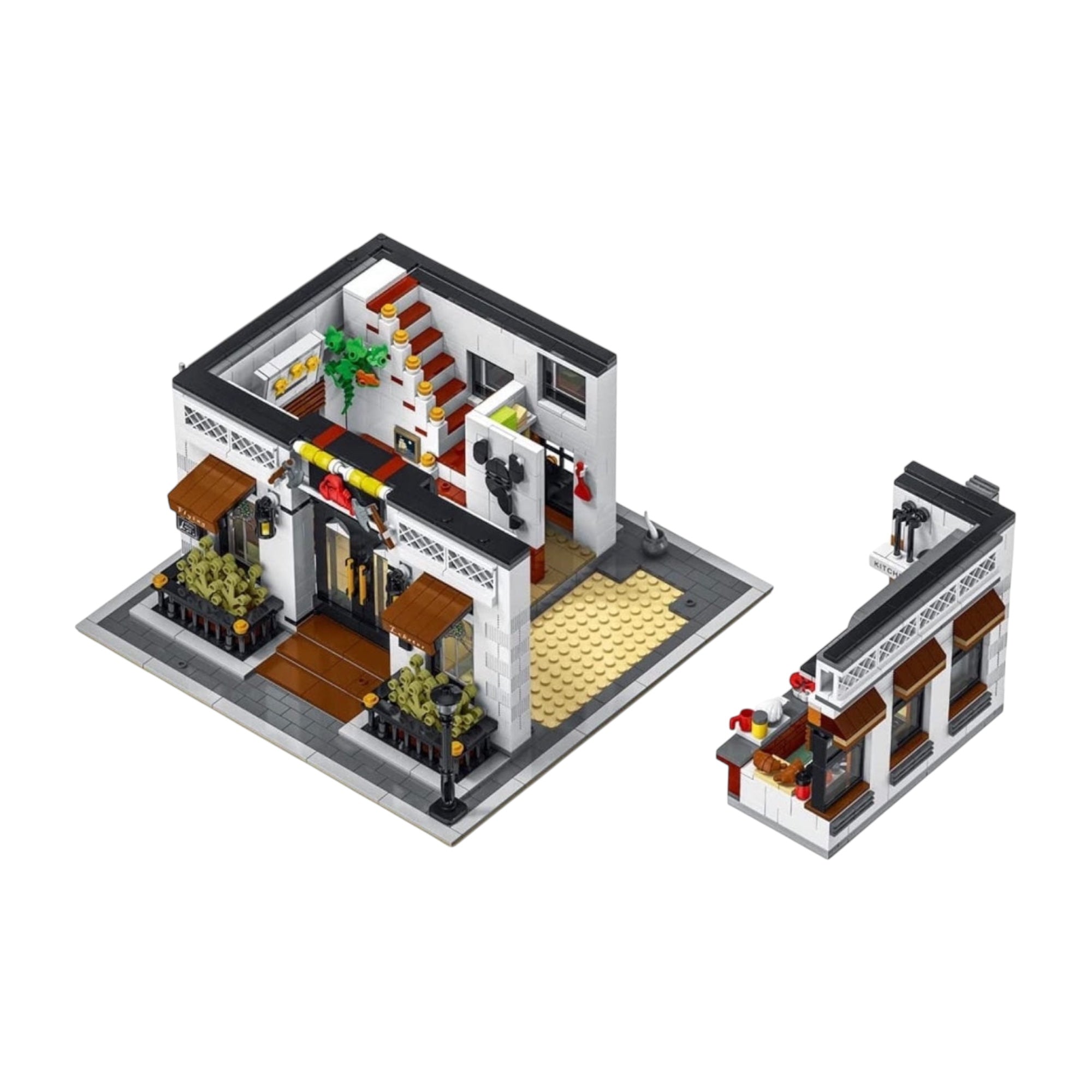 Ground floor layout of modular restaurant building set with staircase, plants, wall art, and separate kitchen section.