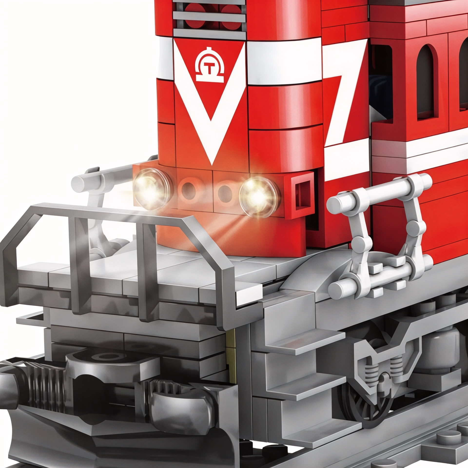 Close-up of the red train’s front section with working headlights and printed detailing.