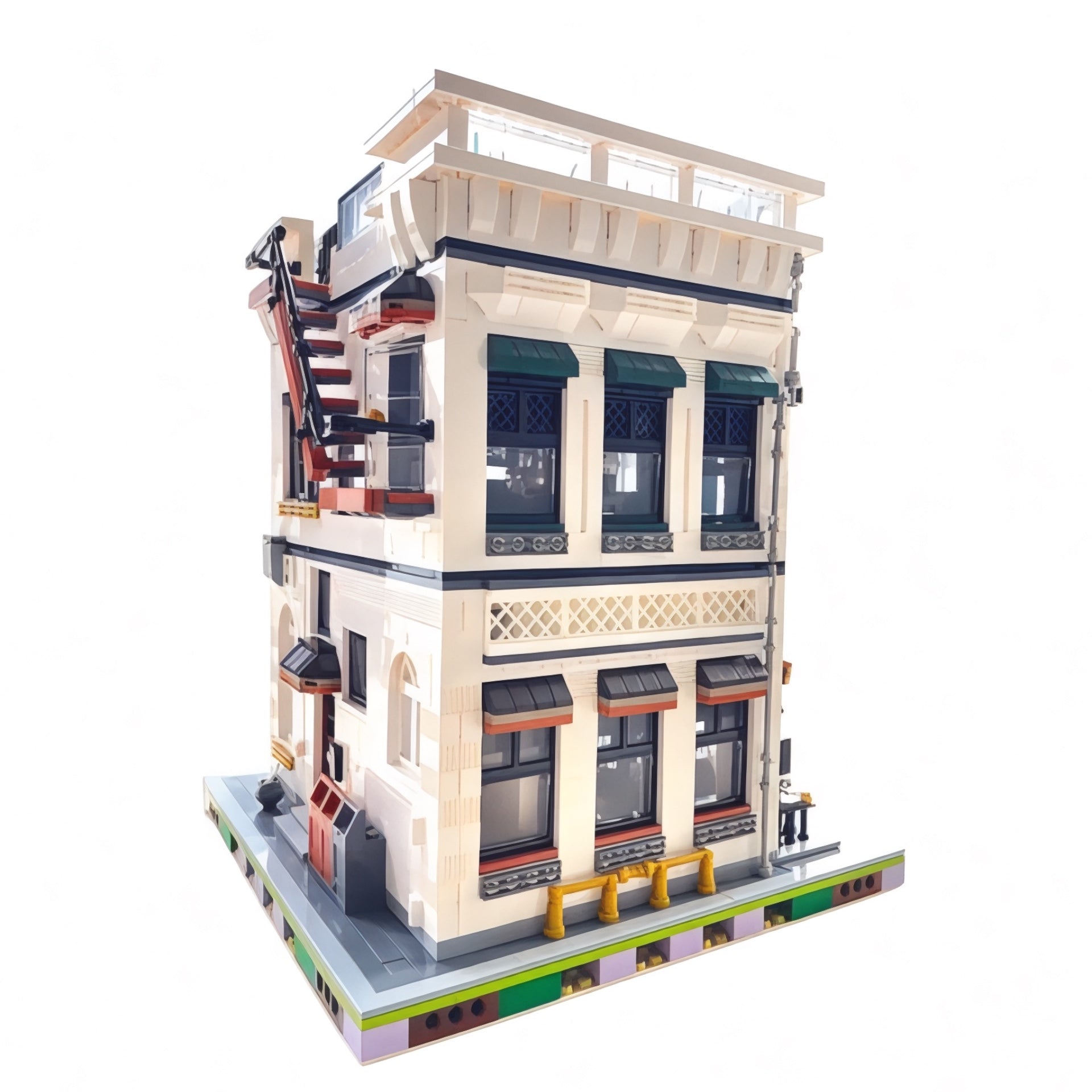 Rear corner view of modular seafood restaurant building block model with rooftop garden, fire escape stairs, and detailed facade elements.