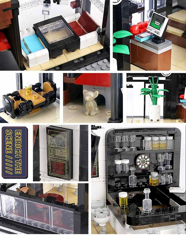 Collection of interior details from the modular building, featuring bar shelves, drink glasses, wall art, a small dog figure, and lounge furniture.