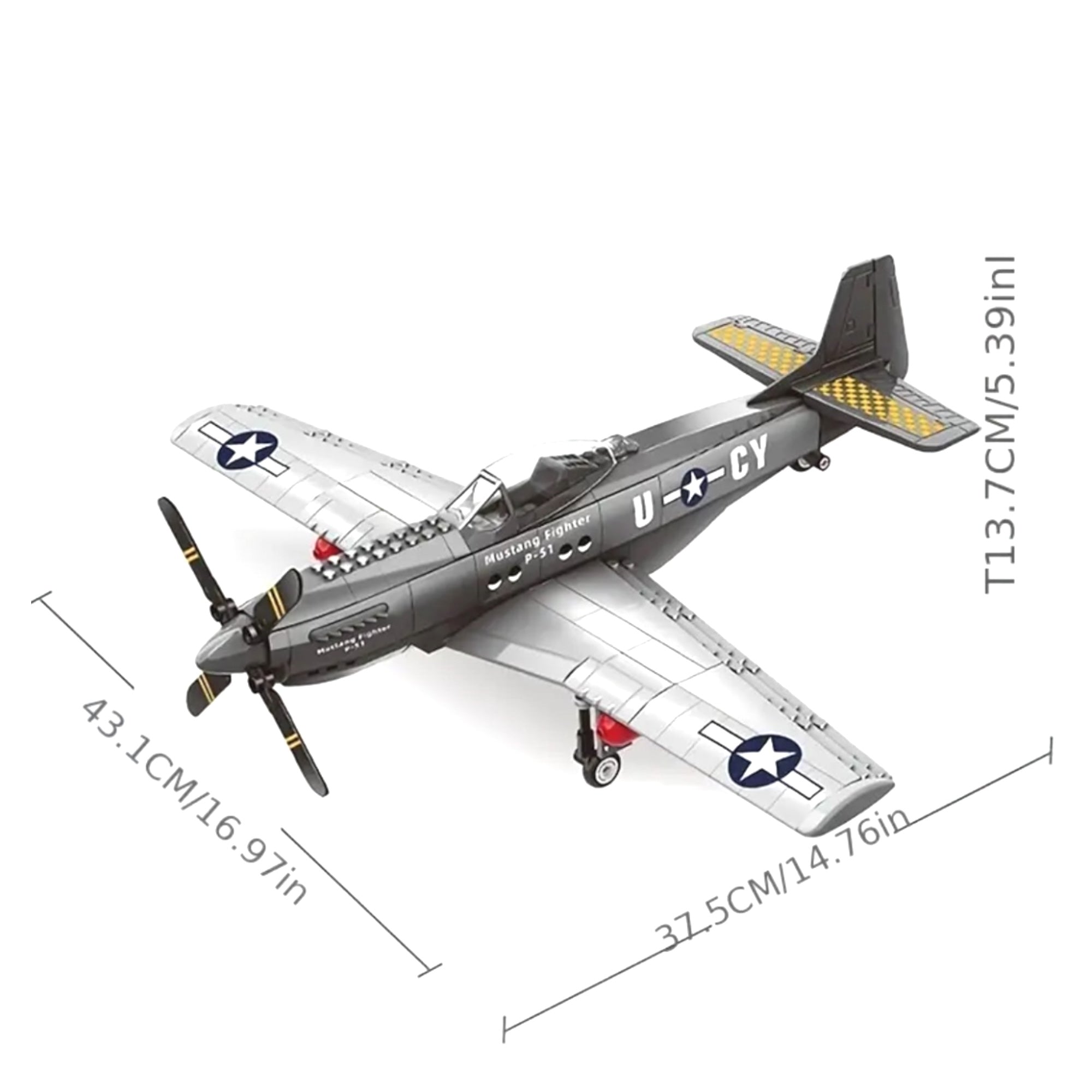 P-51 Mustang WWII fighter plane building set shown with labeled product dimensions