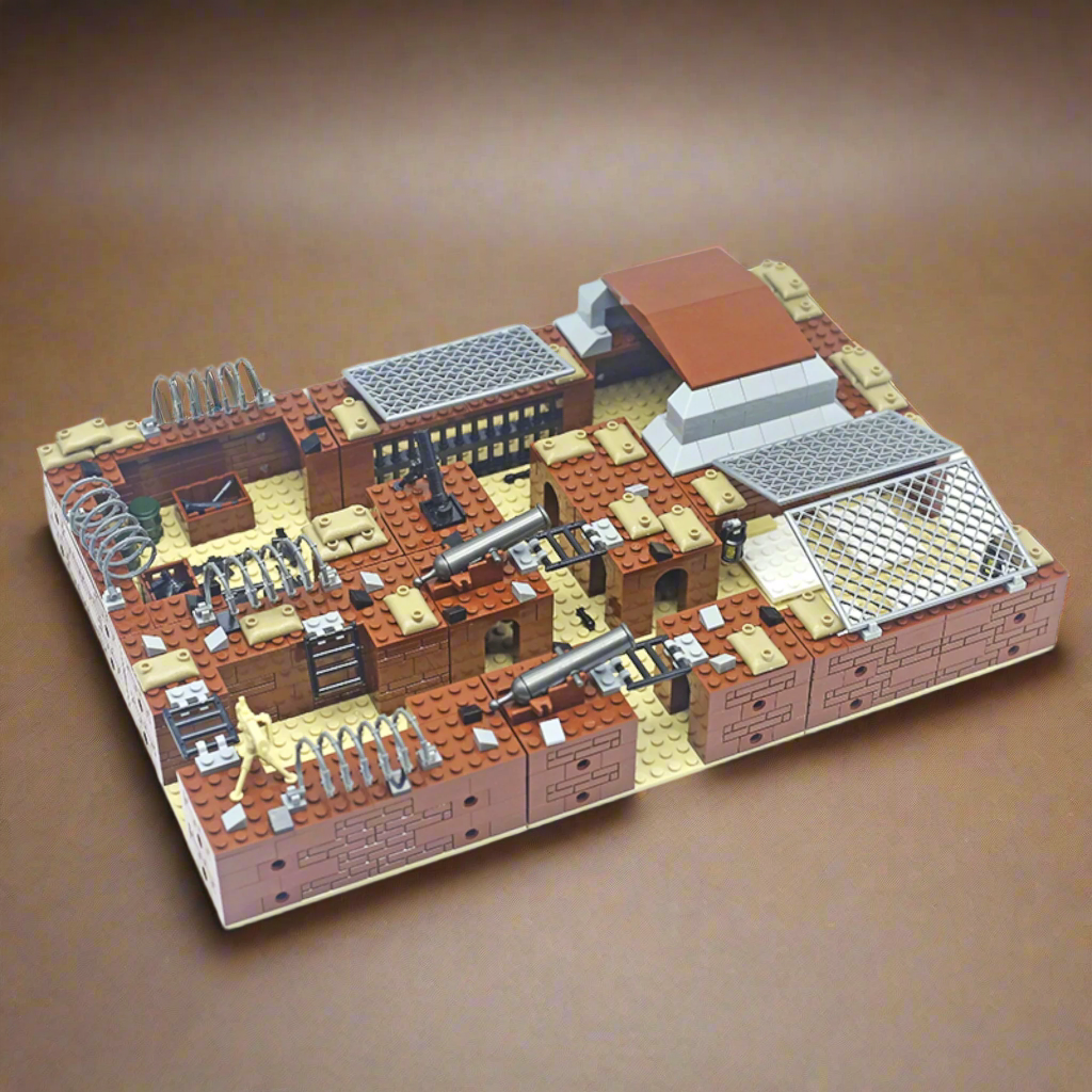 Angled perspective of General Jim’s 690-piece military building block set with modular WWII battlefield layout