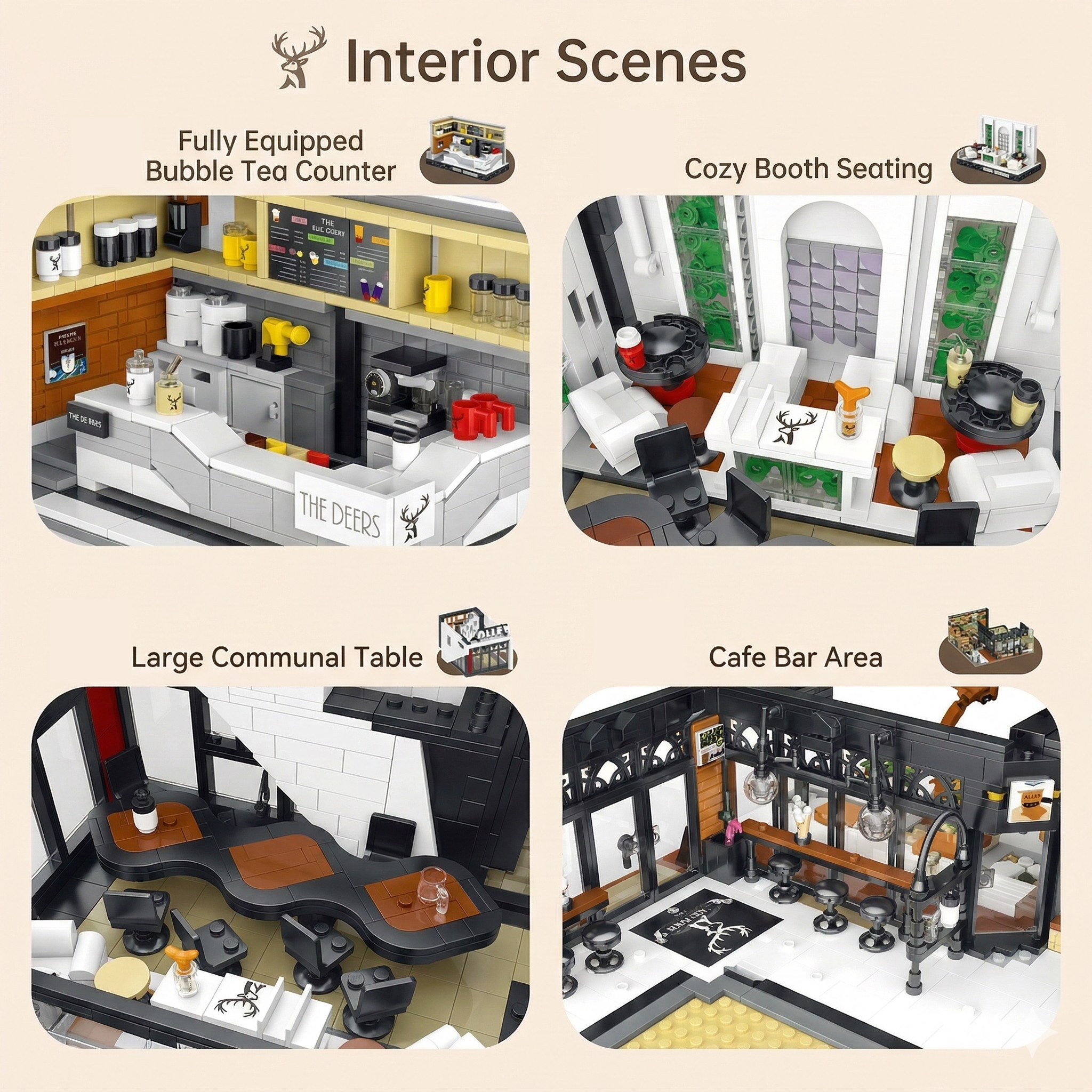 Interior views of the 3,423 piece set featuring a fully equipped bubble tea counter, booth seating, communal table, and cafe bar.