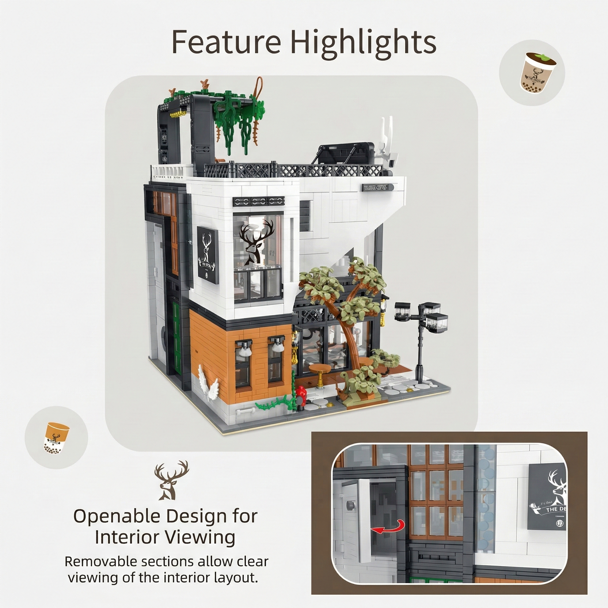 Close-up of the openable wall design on the Deers Bubble Tea Cafe, allowing clear viewing of the interior modular layout.