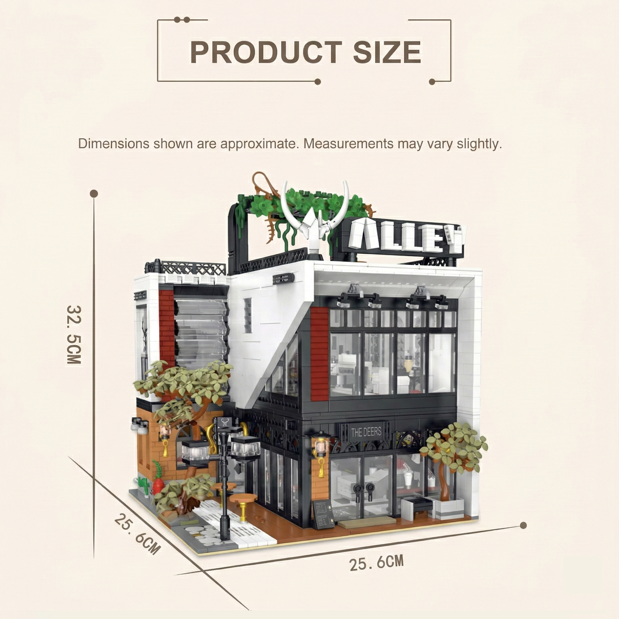 Dimensions of the completed Deers Bubble Tea Cafe: 32.5cm height and 25.6cm width, compatible with major brick building brands.