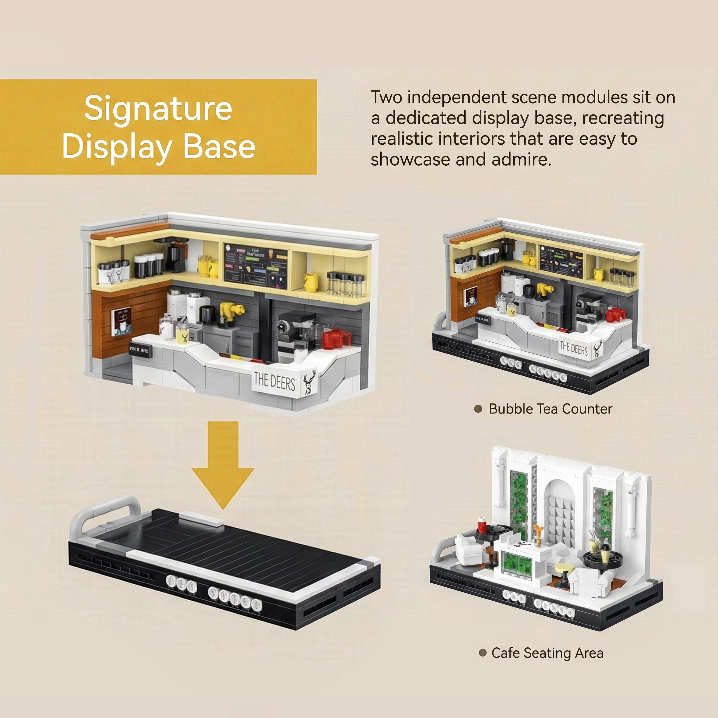 Detailed display base for General Jim's building blocks, showcasing the removable interior modules for the Cafe Seating Area and Counter.