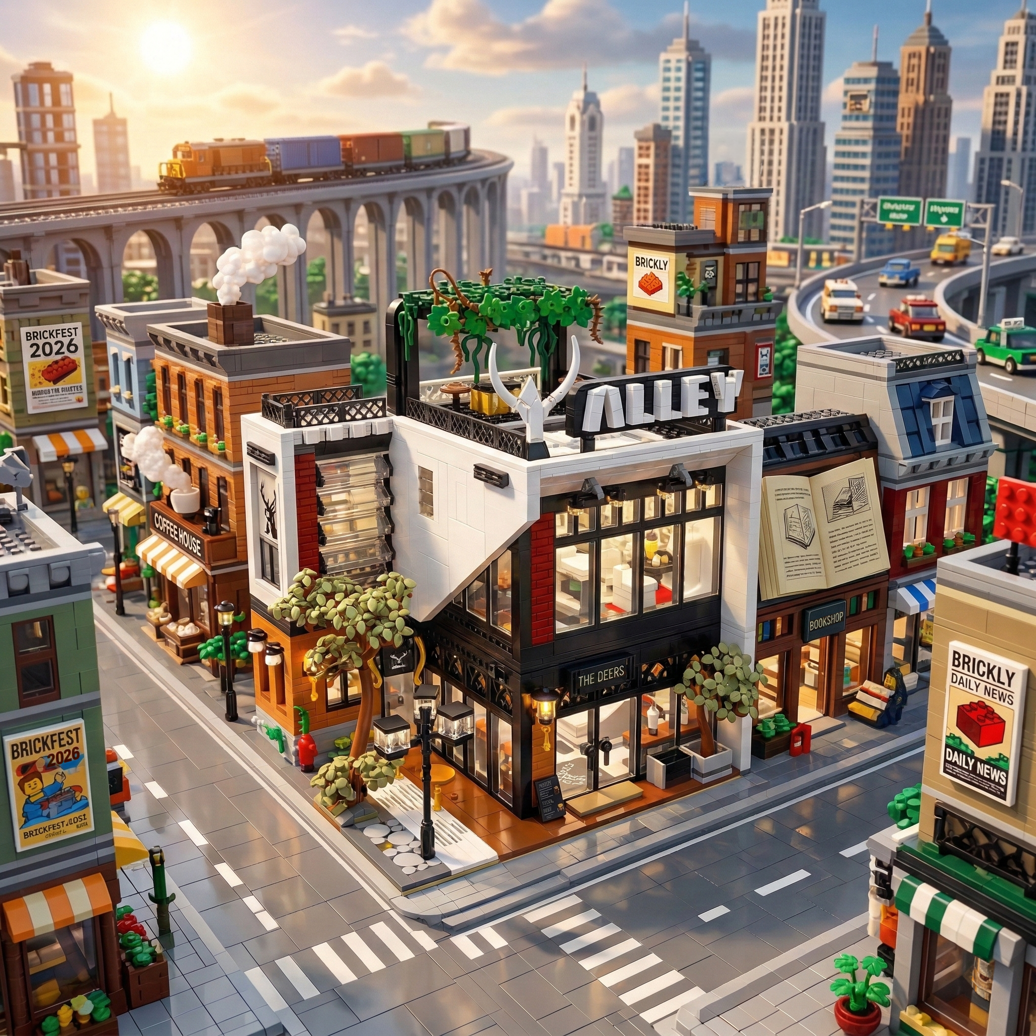 A vibrant modular city display featuring General Jim’s Deers Bubble Tea Café, a 3,423-piece building set integrated into a bustling street scene with a neighboring bookshop and overhead train.