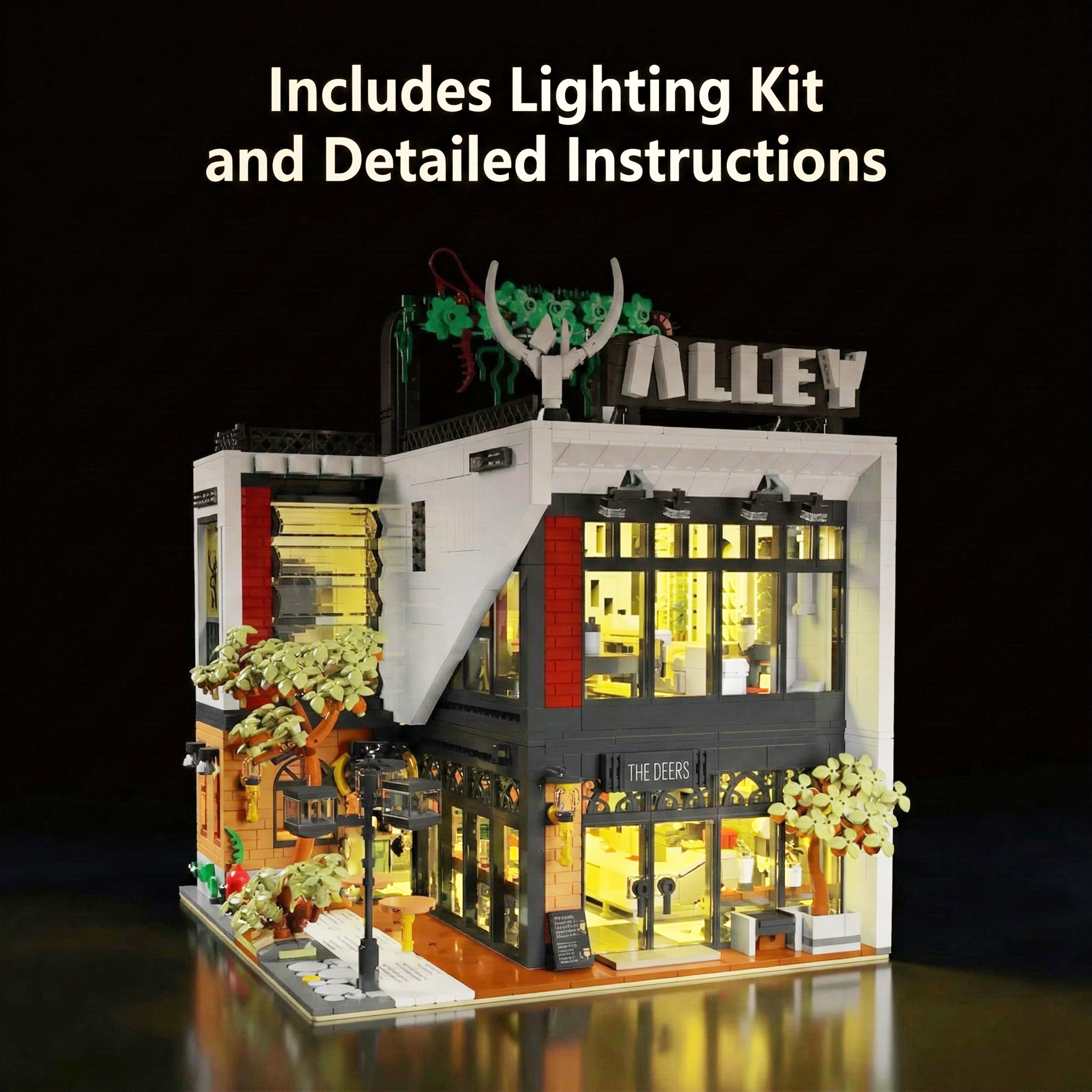 General Jim's Deers Bubble Tea Cafe illuminated at night using the included LED lighting kit for a realistic city display.