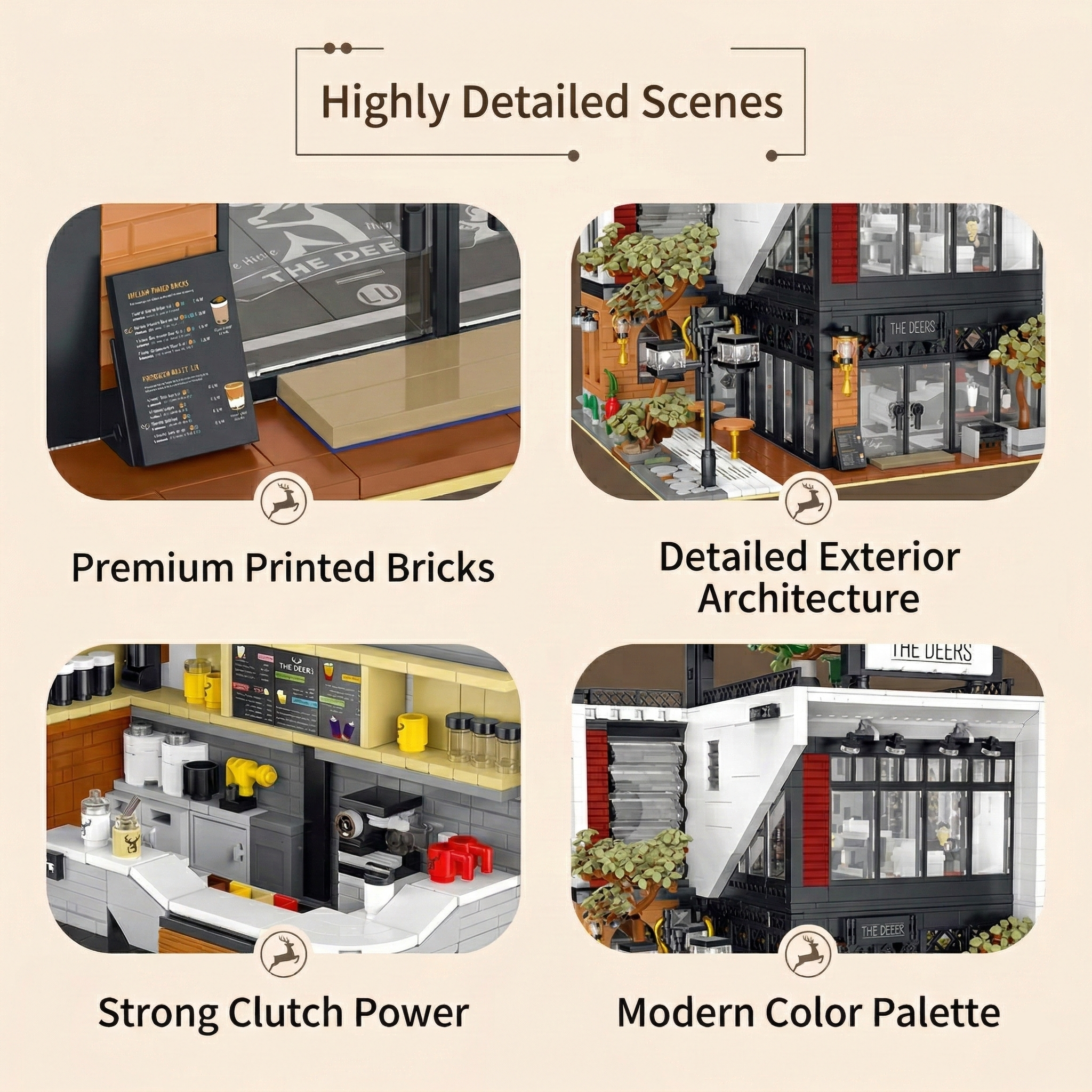 Collage of building block details including premium printed bricks, detailed exterior architecture, and modern color palette.