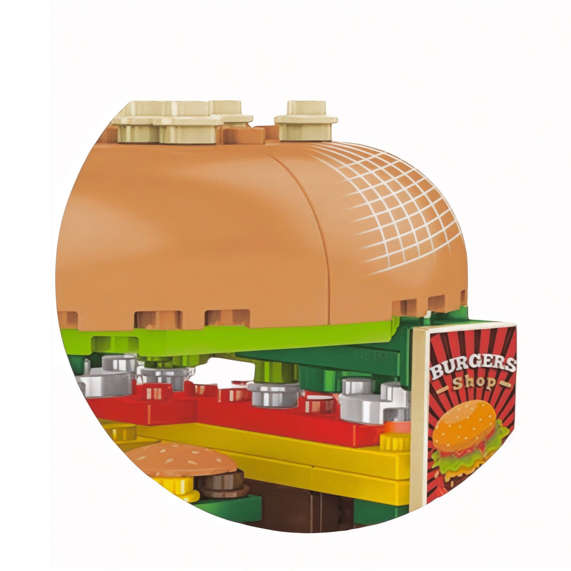 Close up of General Jims Hamburger Stand brick built burger bun roof with lettuce and cheese layers and a Burger Shop sign