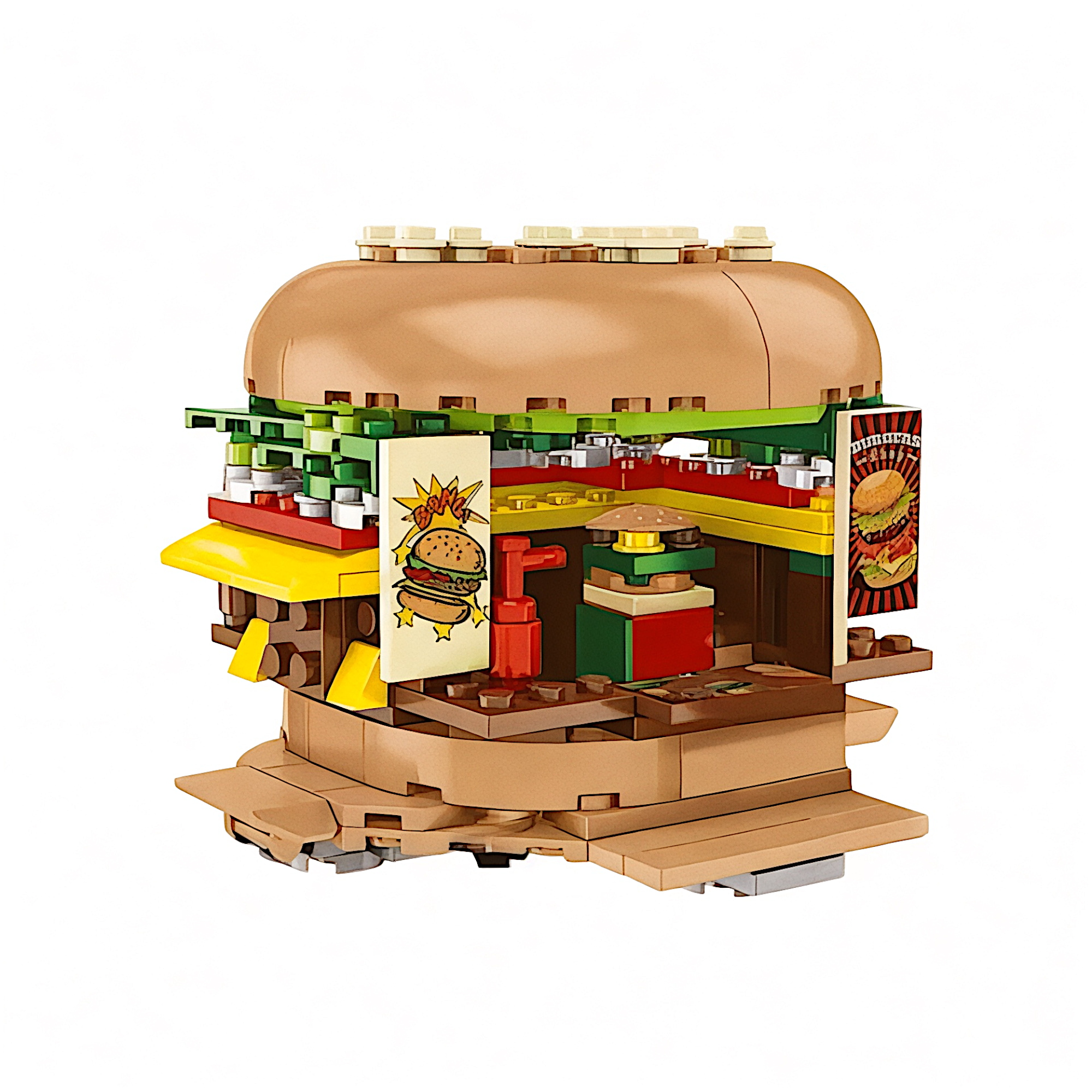 General Jims Hamburger Stand Building Blocks Set GJ HBS burger shaped kiosk exterior with bun roof, lettuce and cheese brick details