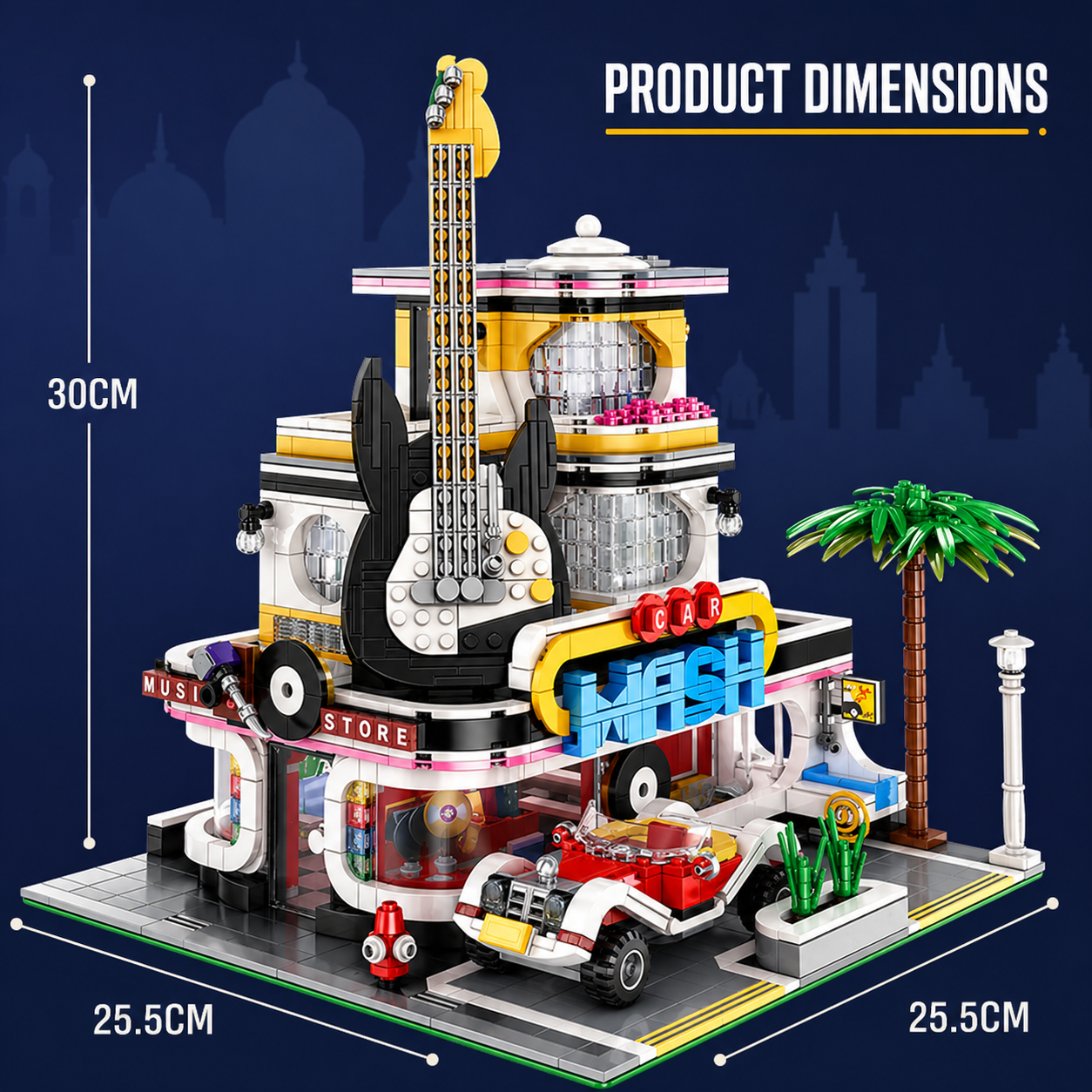 Product size specifications for the 2,168-piece music store set, designed to be compatible with LEGO Creator Expert modulars.