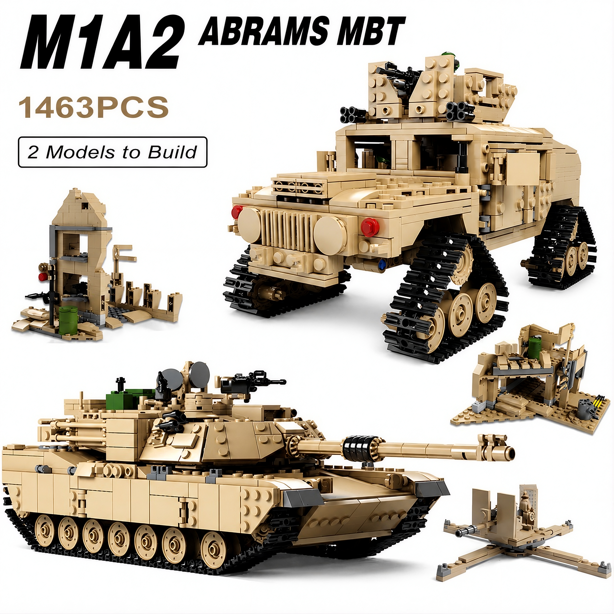 General Jim’s 1,463-piece 2-in-1 building block set featuring a desert tan M1A2 Abrams Tank and tracked Humvee.
