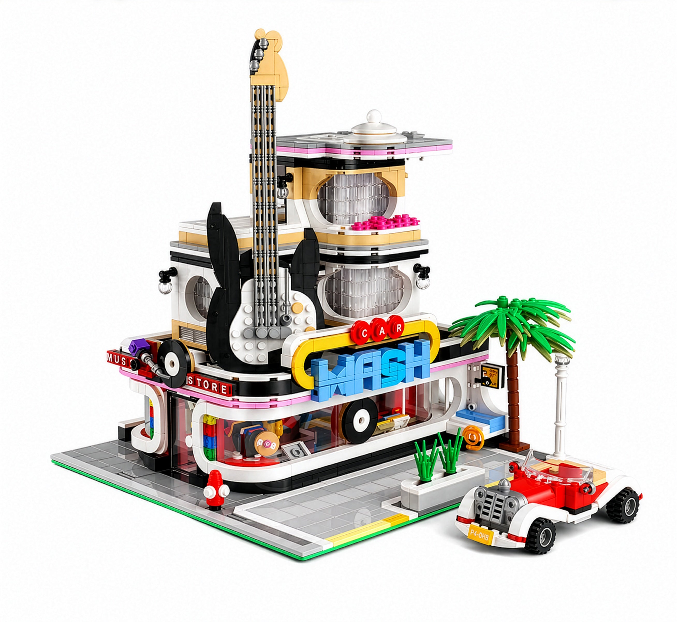 High-quality General Jim's Music Store and Car Wash building set, fully compatible with LEGO city modular buildings.