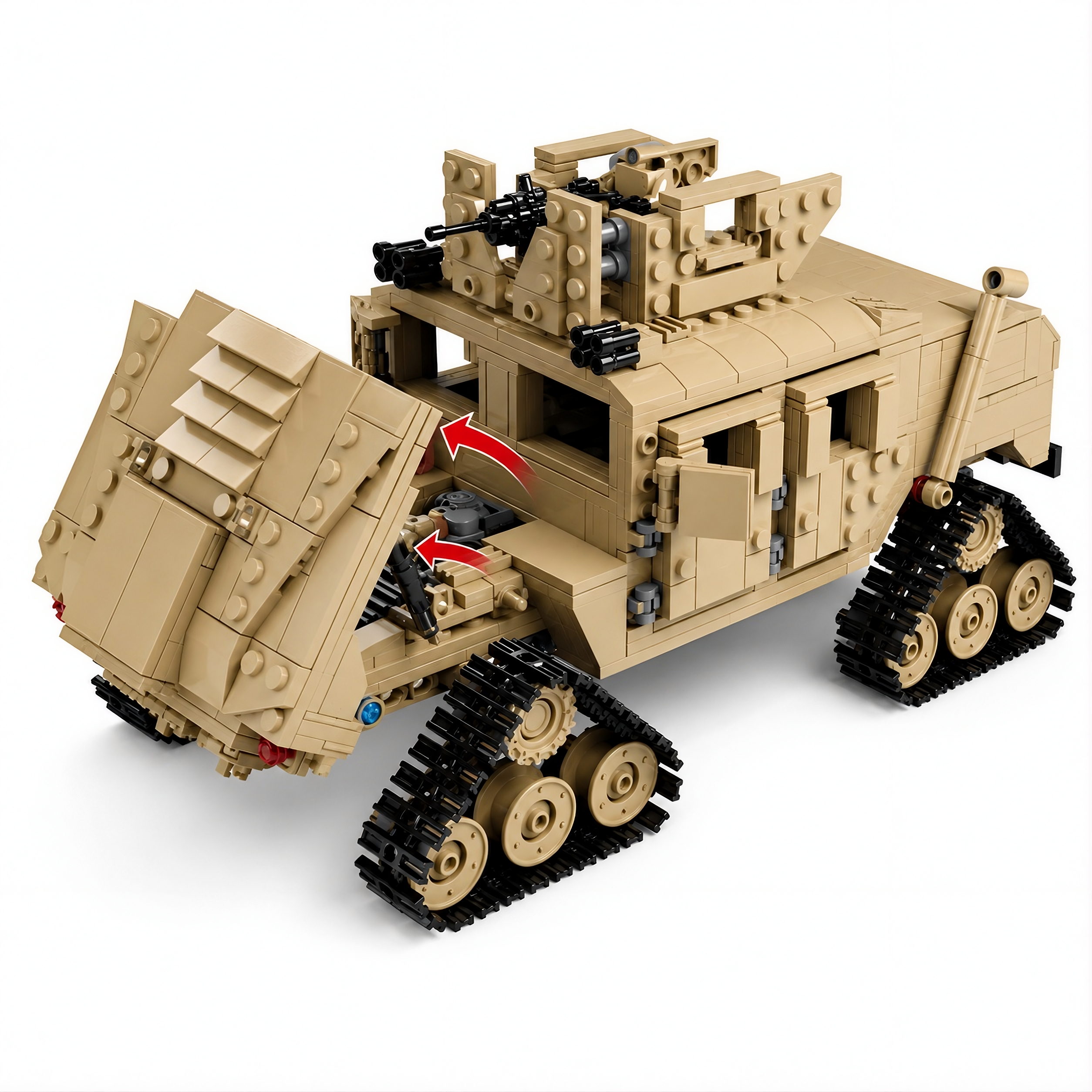 Close-up of the internal engine assembly and tilt-forward hood on the General Jim's tracked humvee model.