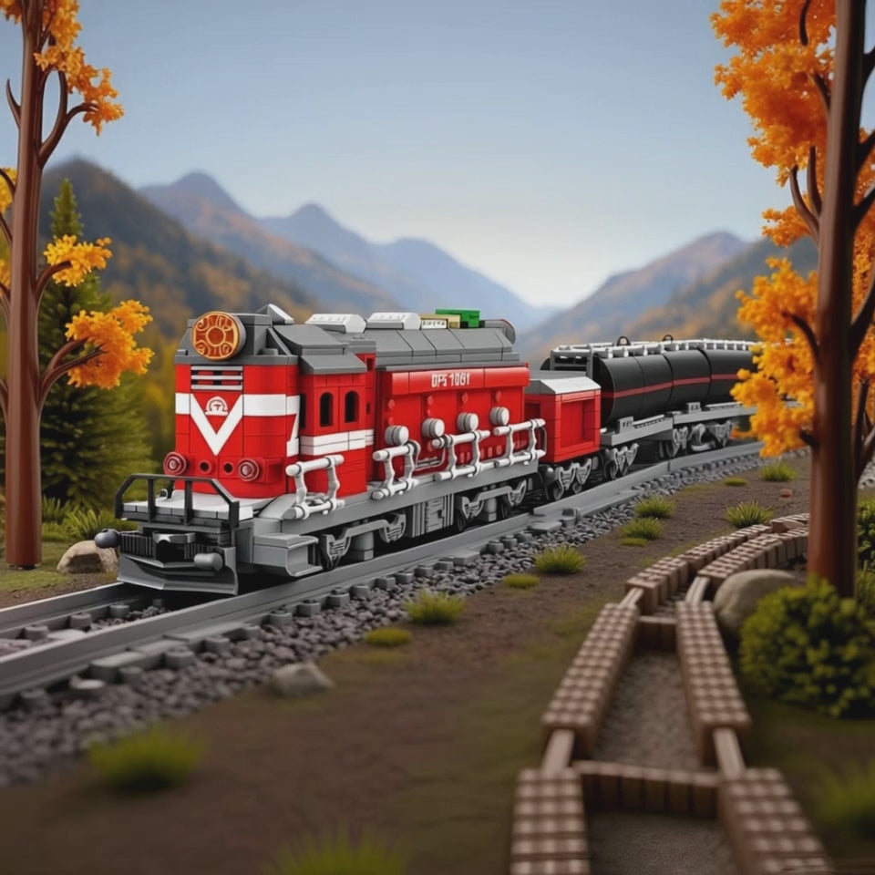 Red diesel locomotive model traveling through a mountain landscape with autumn trees in the background.