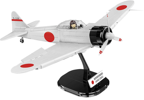 Mitsubishi A6M2 Zero Fighter Building Blocks Set with 347 pieces, pilot figure, and display stand, available at General Jim's Toys