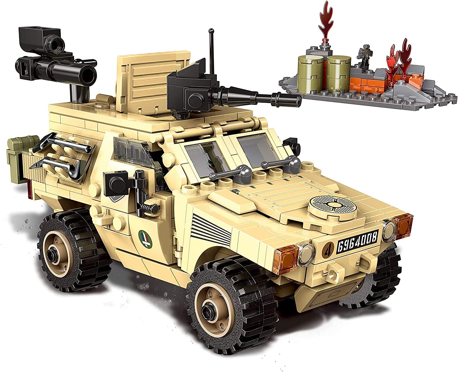 French VBL Light Armored Vehicle brick building set with modular battlefield outpost, turret gun, flame effects, and fuel canisters – modern military diorama display