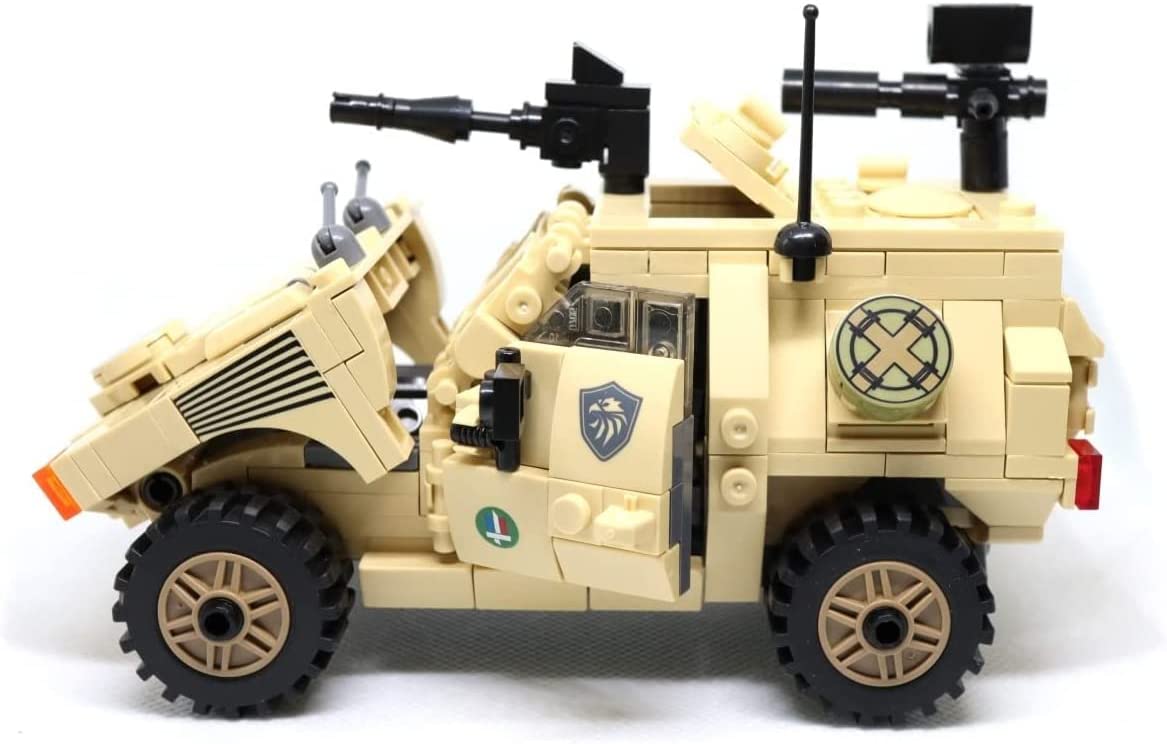 Top angle of tan VBL light armored vehicle brick model with open front doors and hinged hood – scaled for brick figure scenes and custom MOCs