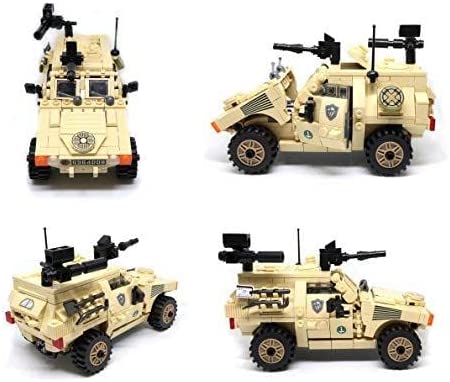 Collage of four angles showing front, side, rear, and top views of French VBL recon vehicle building set – perfect for military-themed brick collections