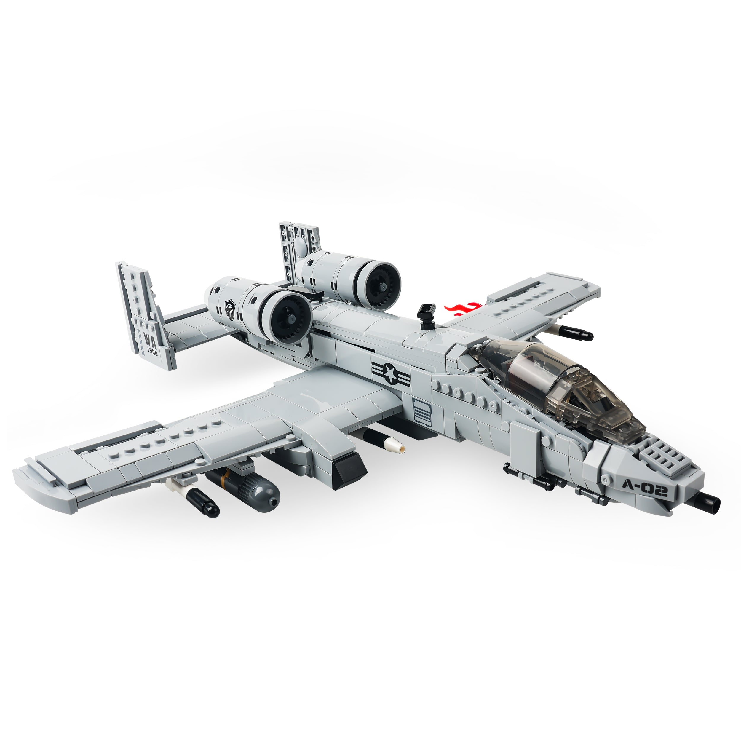 Right angle view of the brick-built A-10 aircraft showing artillery, twin engines and cockpit. 