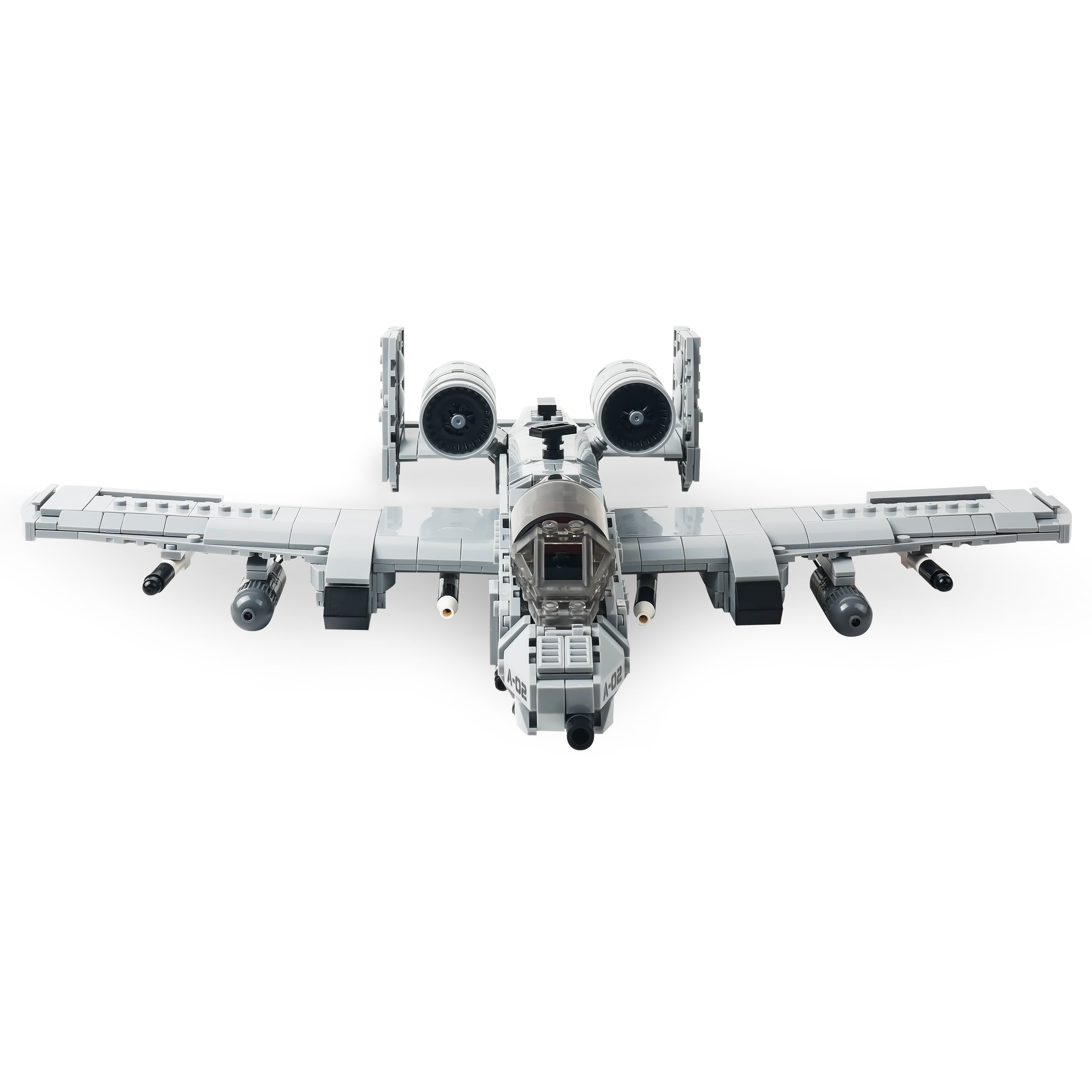 Straight-on view of brick-built A-10 aircraft with twin rear engines and GAU-style nose cannon. 