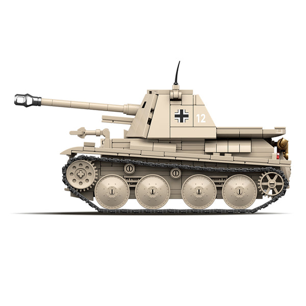 Side view of tan German tank destroyer Marder III H building bricks model