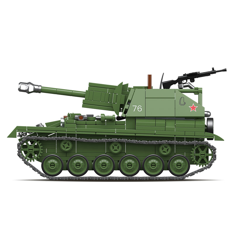 Side view of SU-76M Soviet tank brick model with rotating turret and printed parts