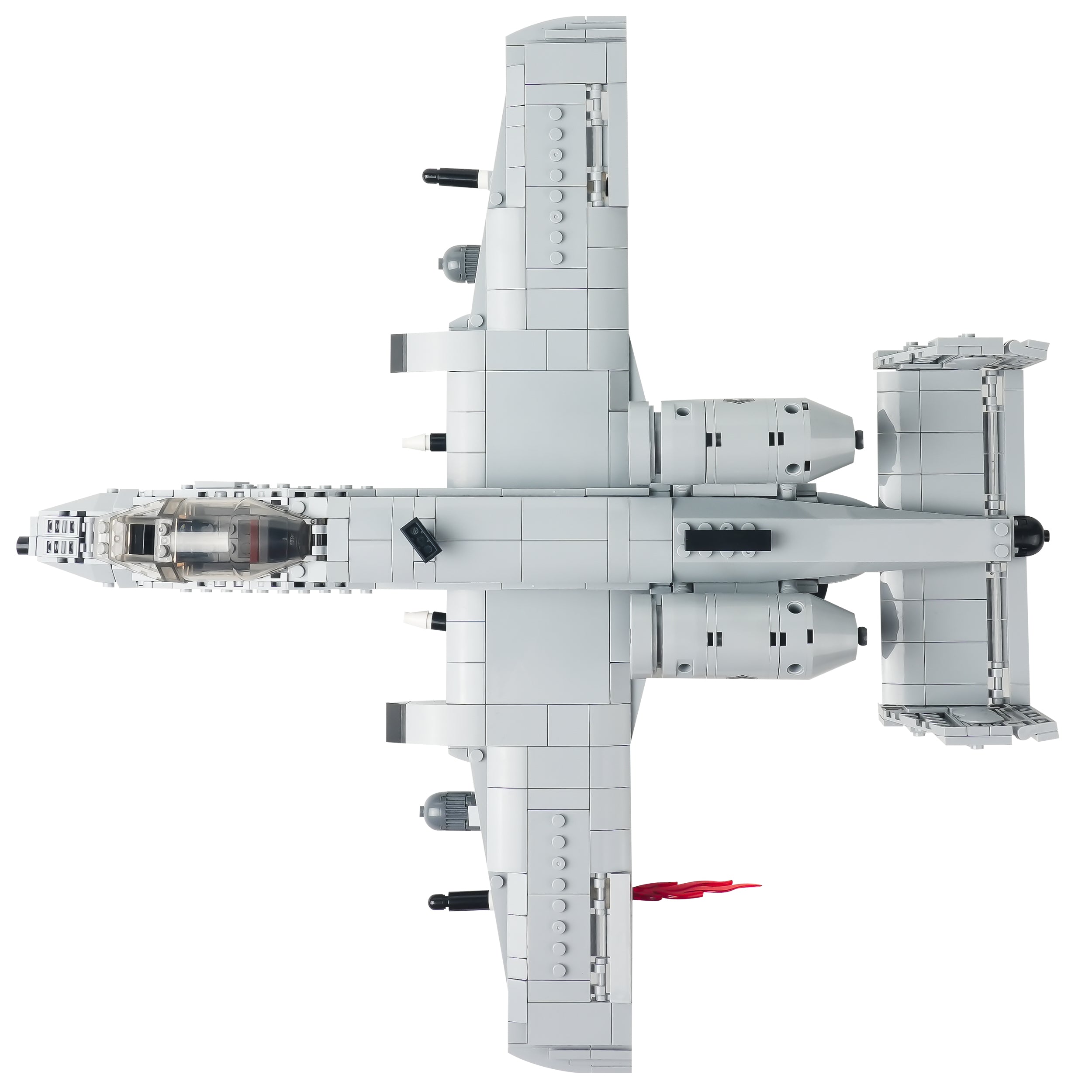 Top-down view of brick-built A-10 aircraft with twin rear engines and GAU-style nose cannon. 