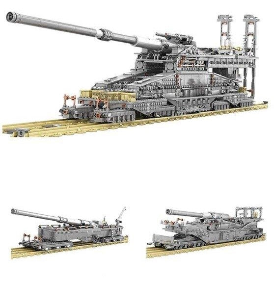 A set of grey building blocks arranged to form a military railway gun model, with detailed components and tracks.