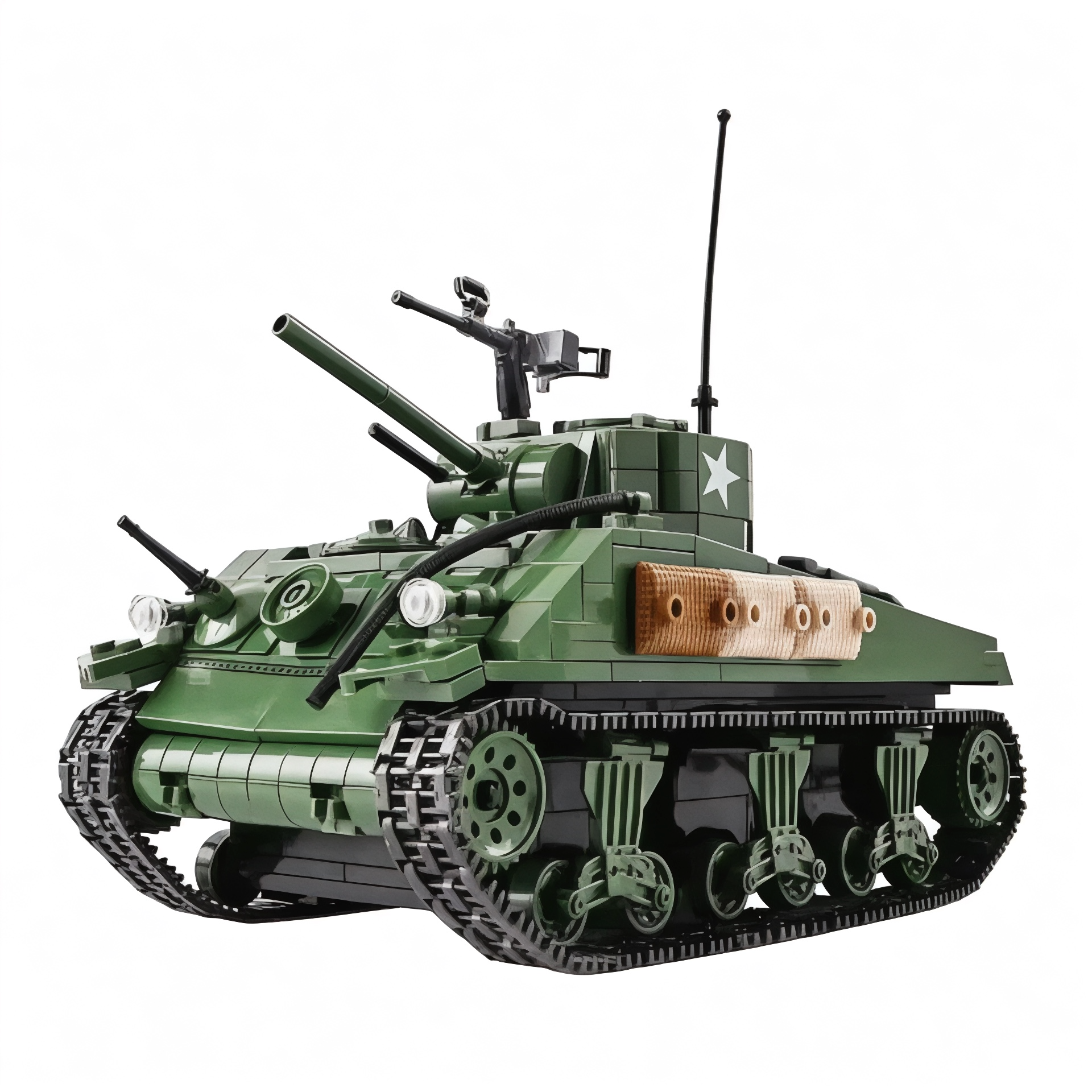 Side-angled view of a detailed WWII-era tank model built from blocks, featuring molded treads and faux-wood side armor panels. 