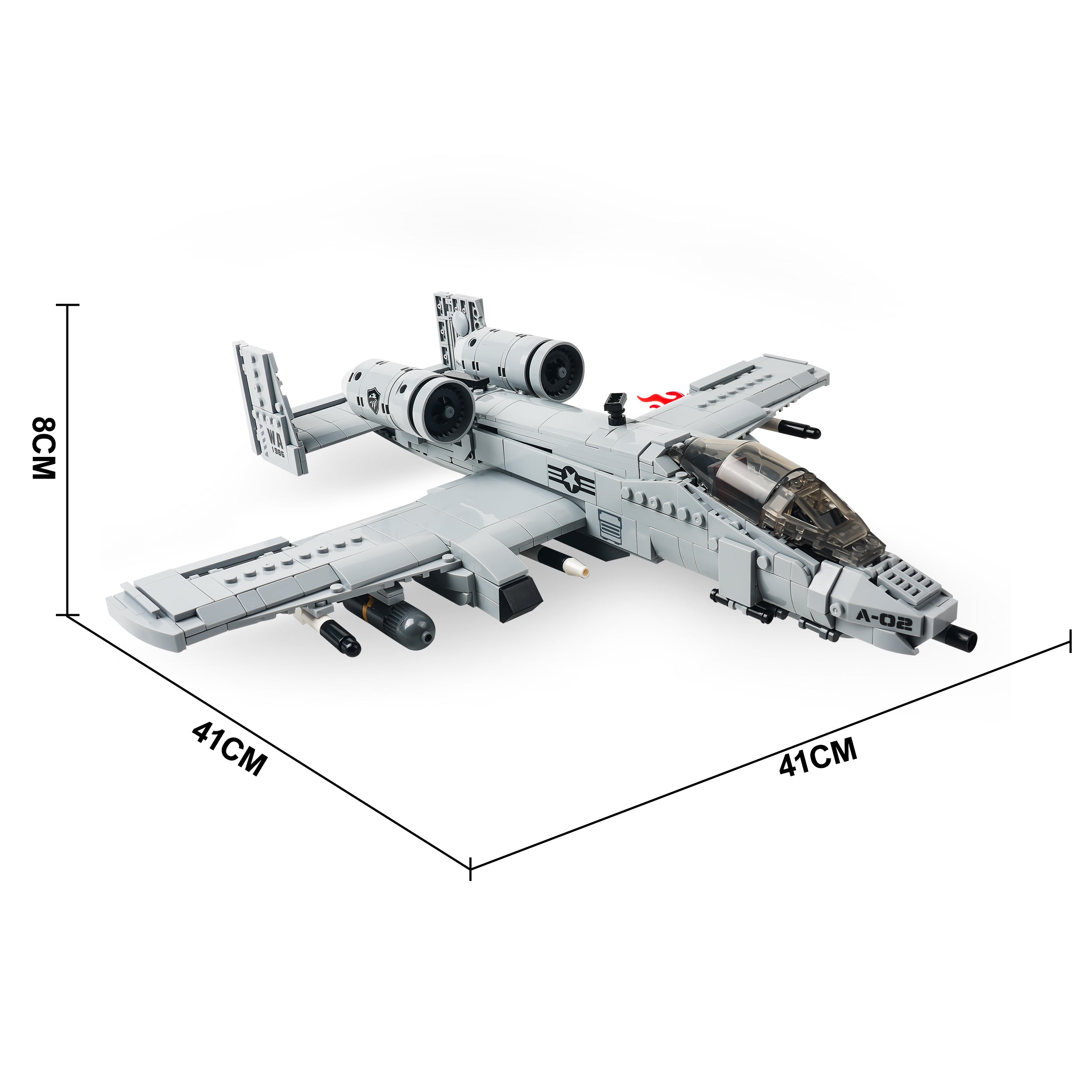 Assembled A-10 building brick model that measures16.1" wide x 16.1" long x 3.1” high (44 x 41 x 8 cm). 