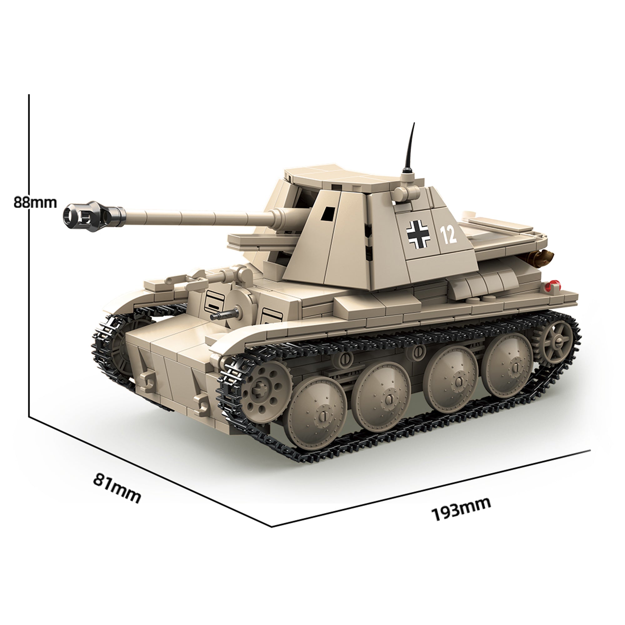 Product dimensions image for Marder III H tank model – 88mm x 81mm x 193mm