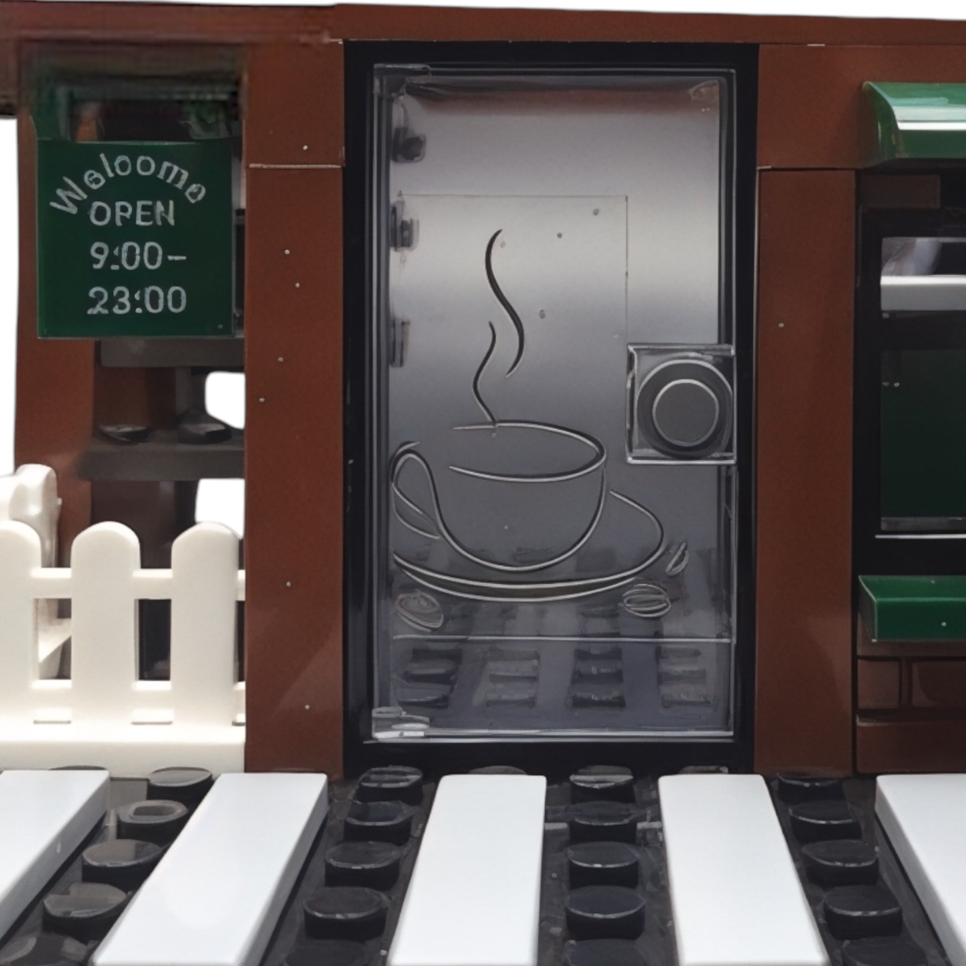 Close-up of Brew Star Café front door with Open sign and store hours details

