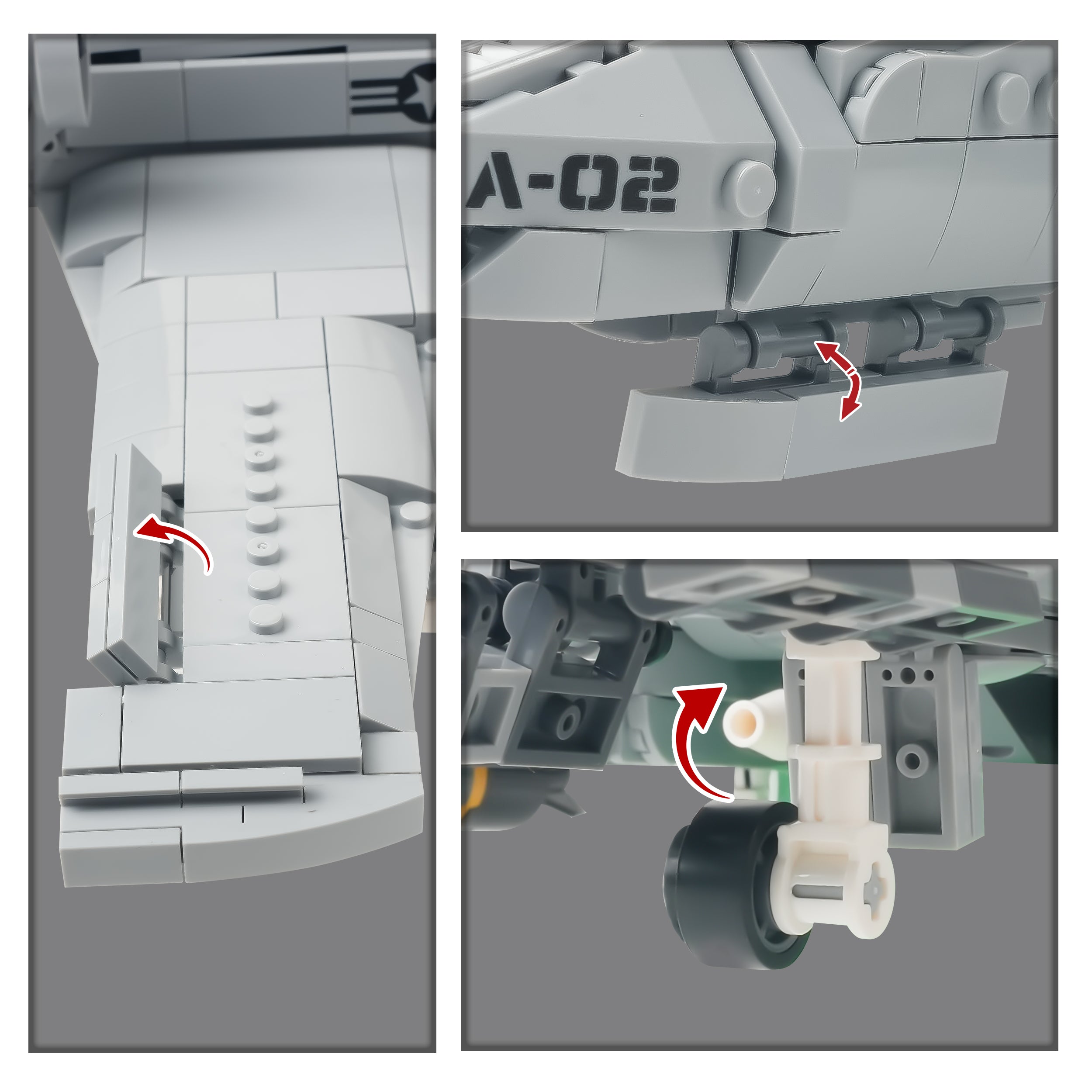 Images of the A-10 jet showing moving wing flaps, opening bomb bay doors and retractable landing gear.  