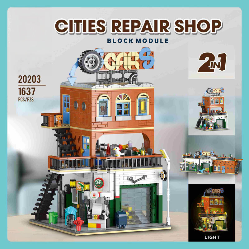 Car Repair Shop & Diner Dual Build Building Block Set | General Jim's Toys & Bricks  | GJ-CRS