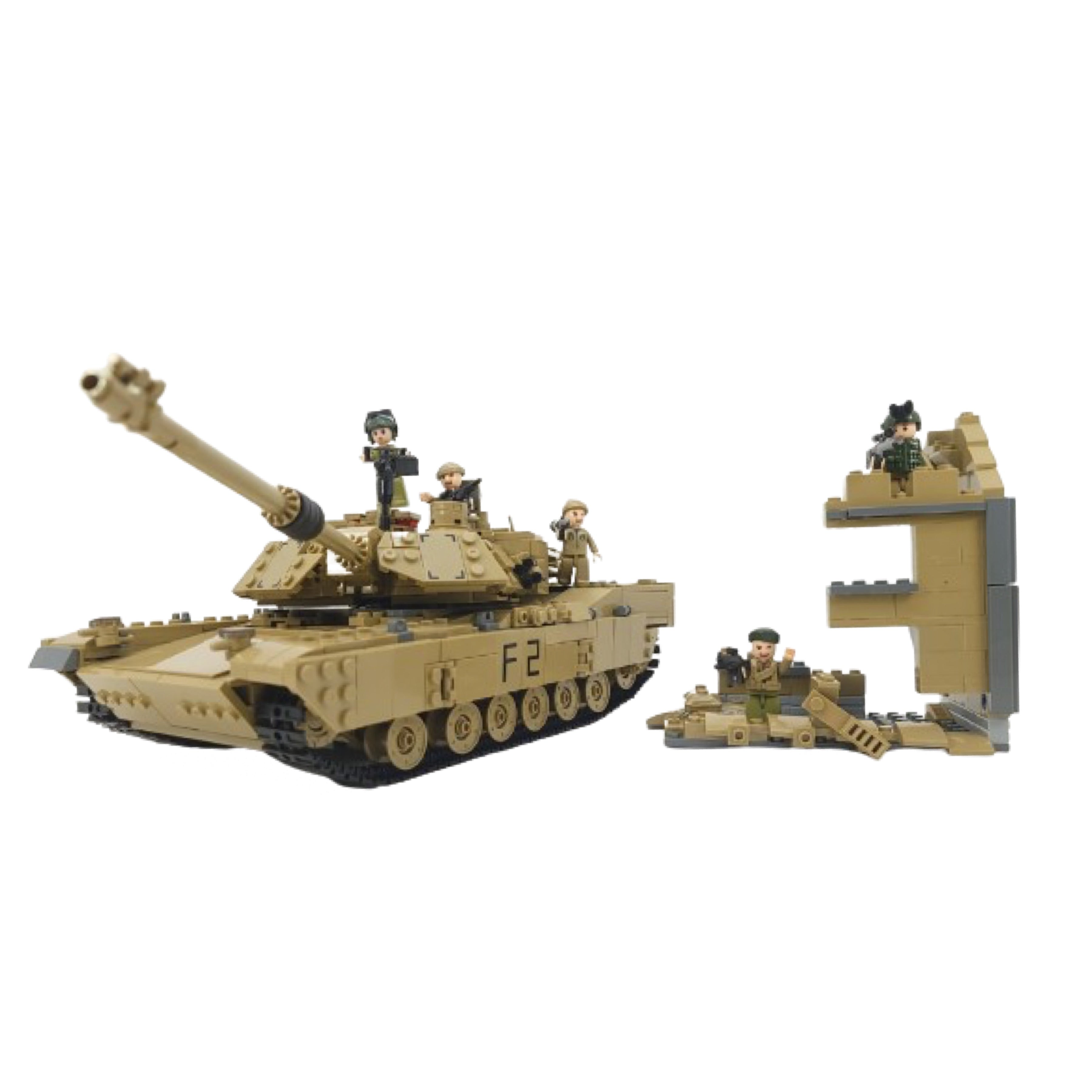 Tan tank brick set with five solider minifigurines and a ruined wall combat scene. 