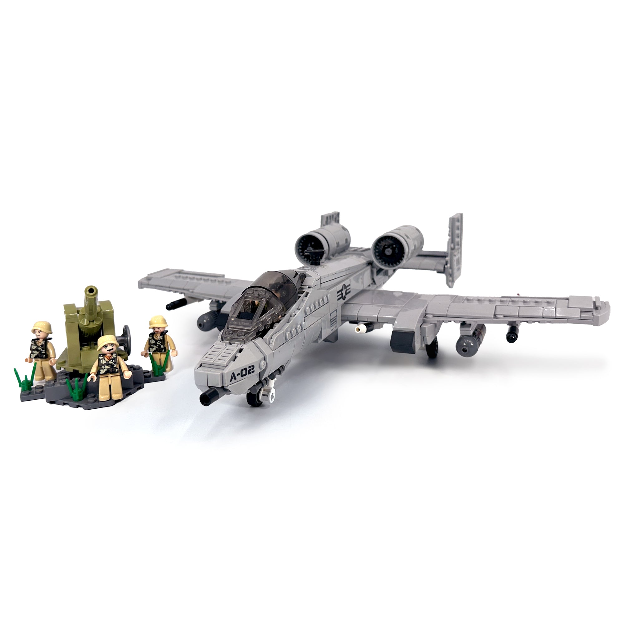 A building block set depicting the A-10 Thunderbolt aircraft, including the aircraft itself and four figures.