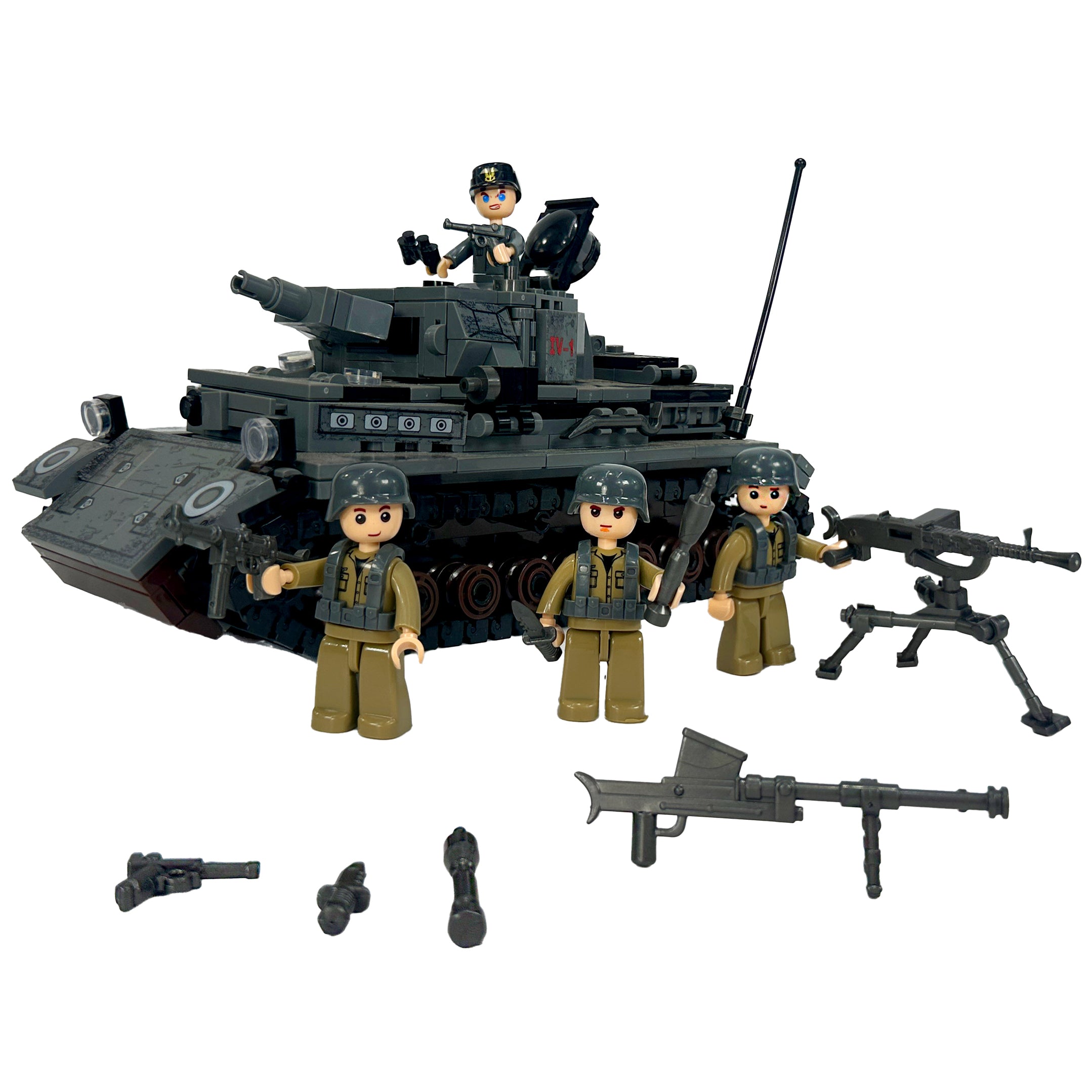Front view of WWII German Panzer IV tank with four soldier figures and weapon accessories