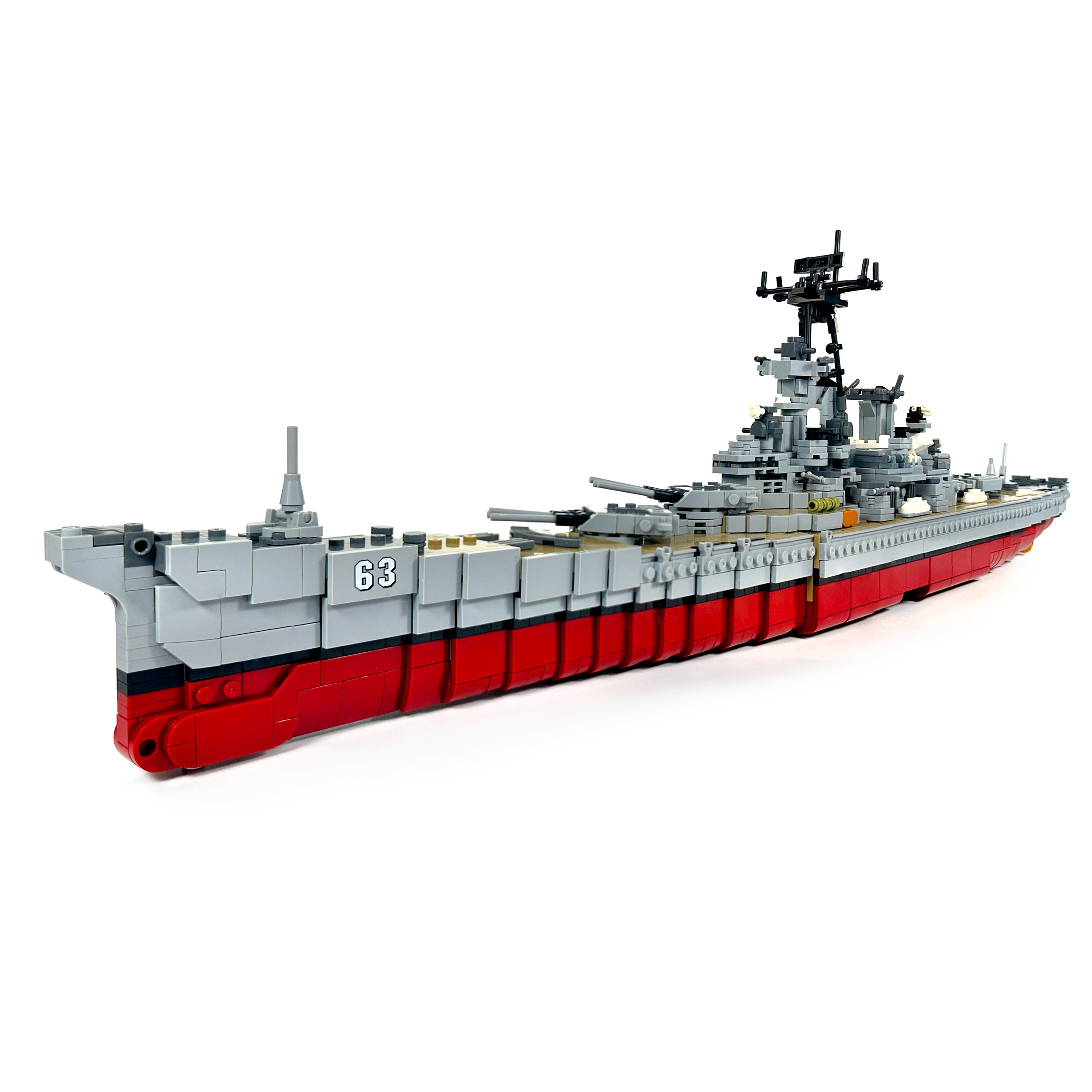 Front view of USS Missouri WWII battleship building set with detailed accessories