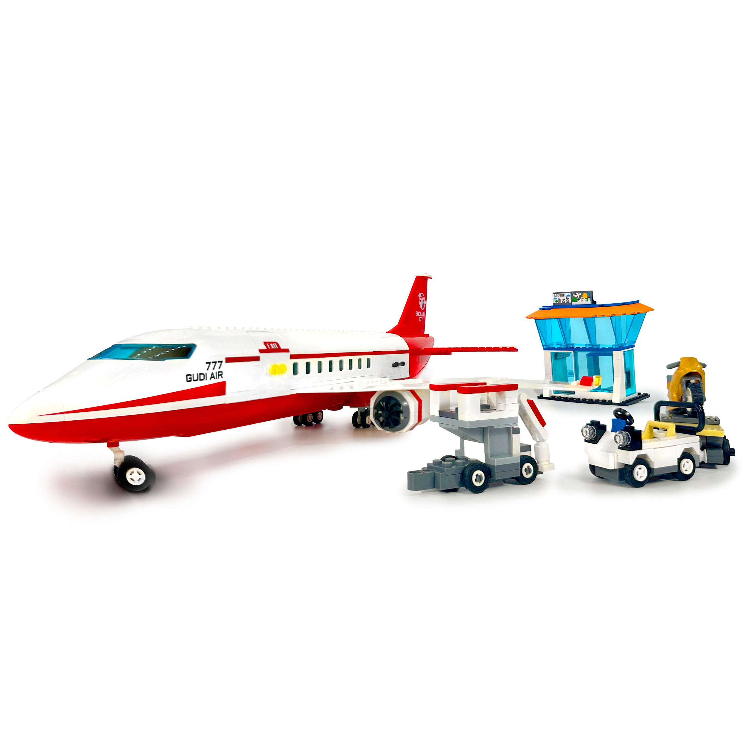 Front view of White and Red Passenger Jet building set with airport vehicles and accessories