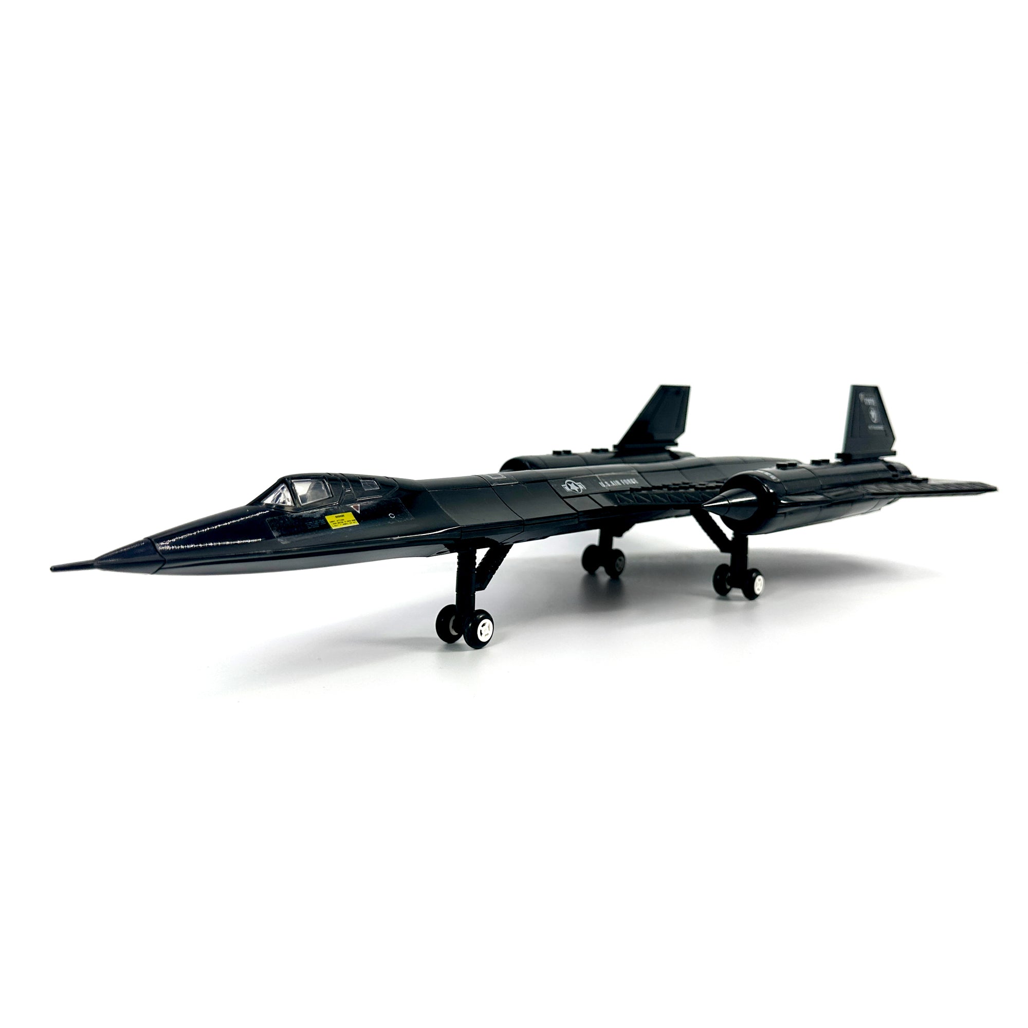 Angled left-side view of SR-71 Blackbird spy plane building block model
