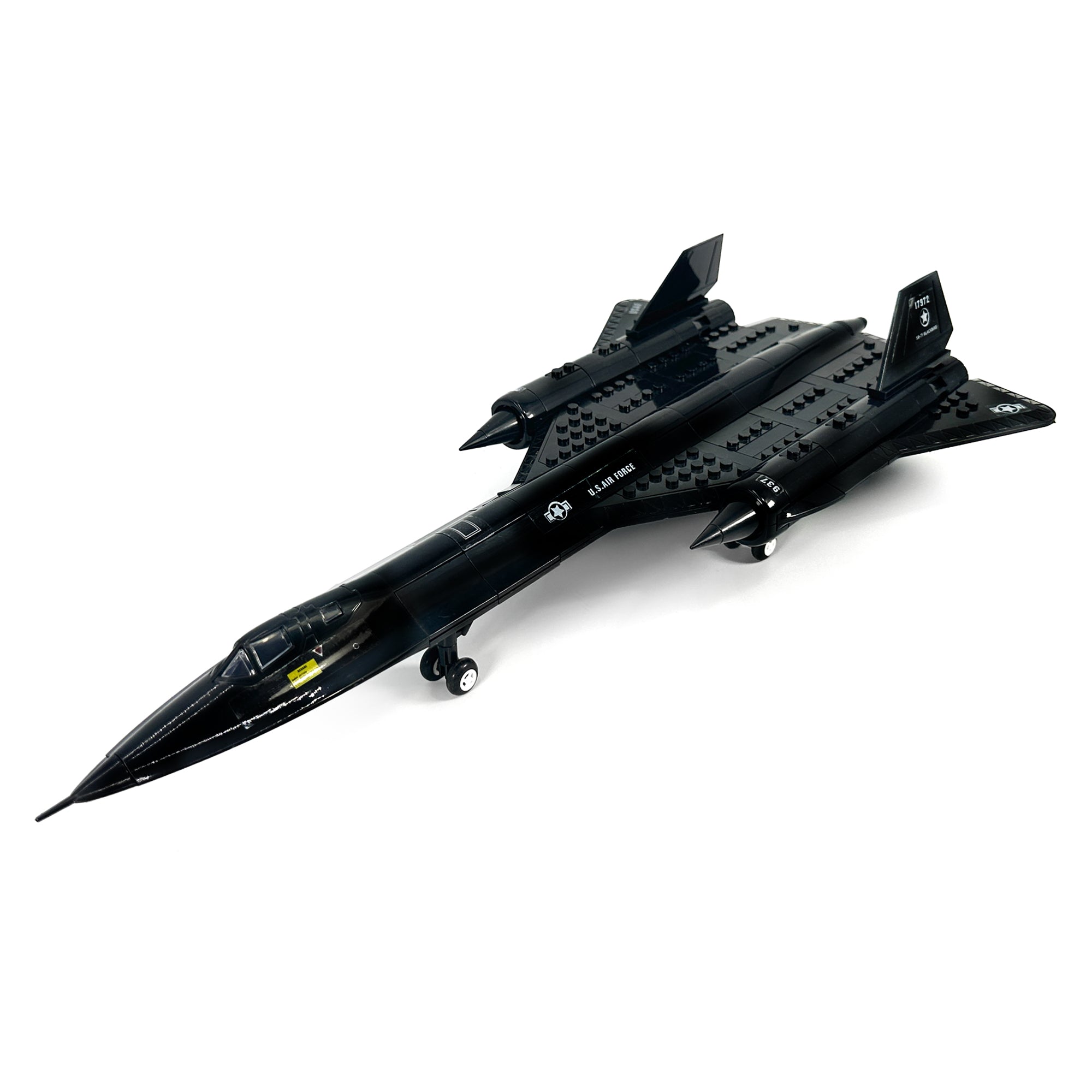 Front view of SR-71 Blackbird reconnaissance jet building set with accessories