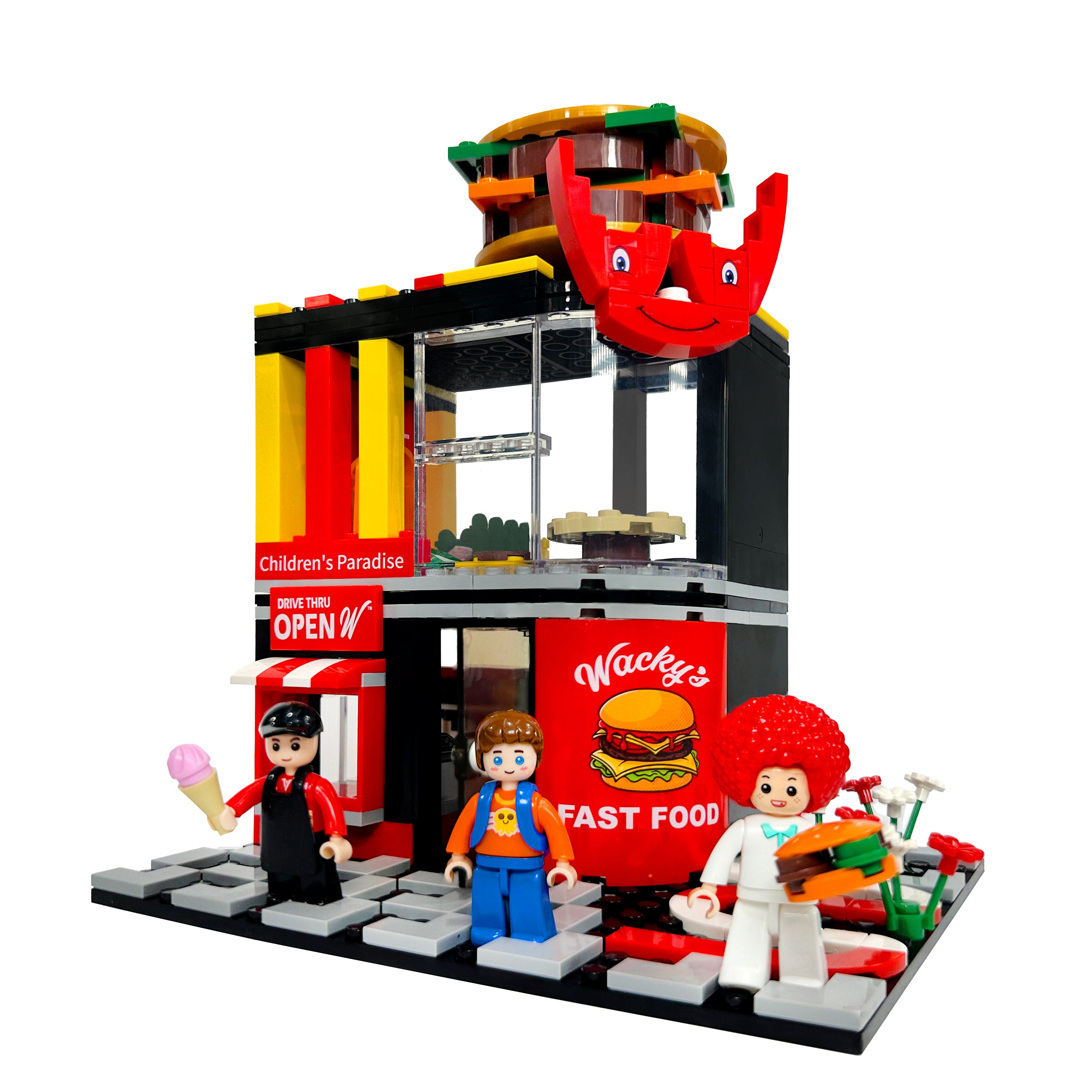 Front view of Wacky's Fast Food™ Burger Joint modular building set with figures and accessories