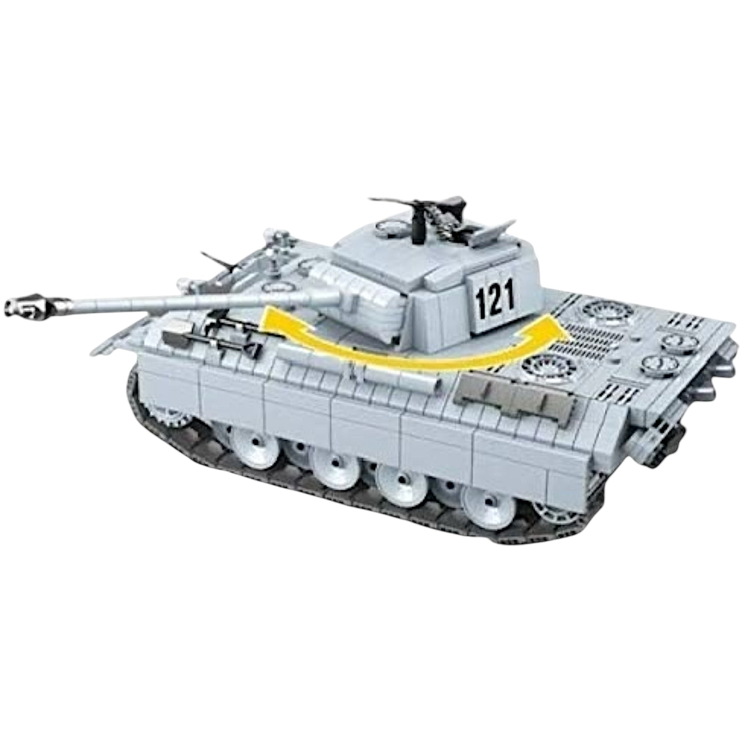 Panther 121 tank side angle with turret rotated to show 360-degree movement – detailed treads, angular armor, and accurate proportions based on WWII German engineering