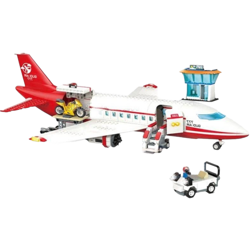 General Jim s White and Red Passenger Airplane 720 Piece Modular Building Block Bricks Toy Playset with Control Tower Service Vehicle and Motorcycle