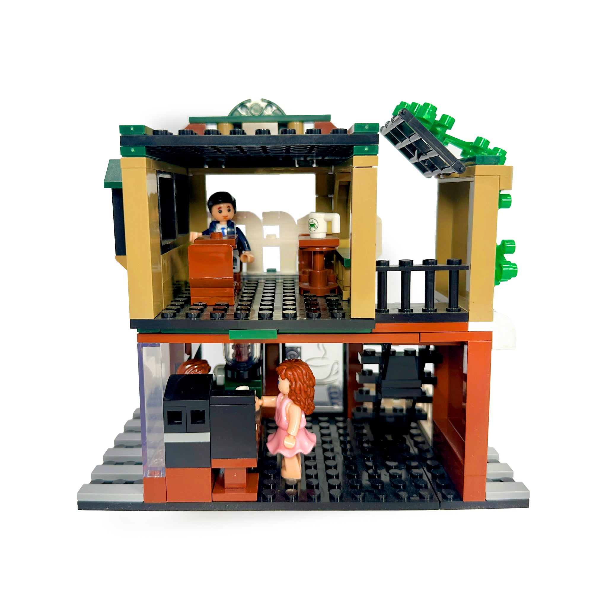 Ground floor coffee counter with coffeemaker and supply shelves at Brew Star Café