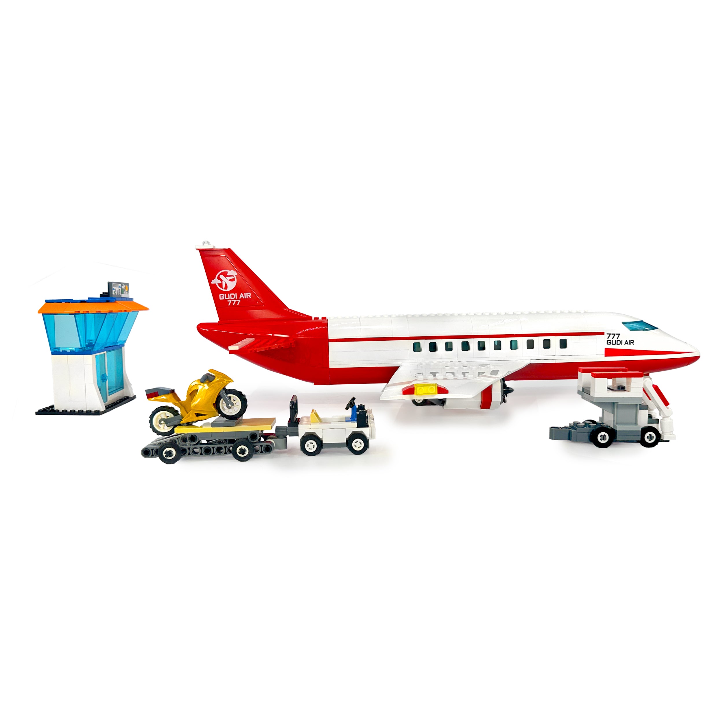 Right side view of passenger jet and airport terminal building blocks set